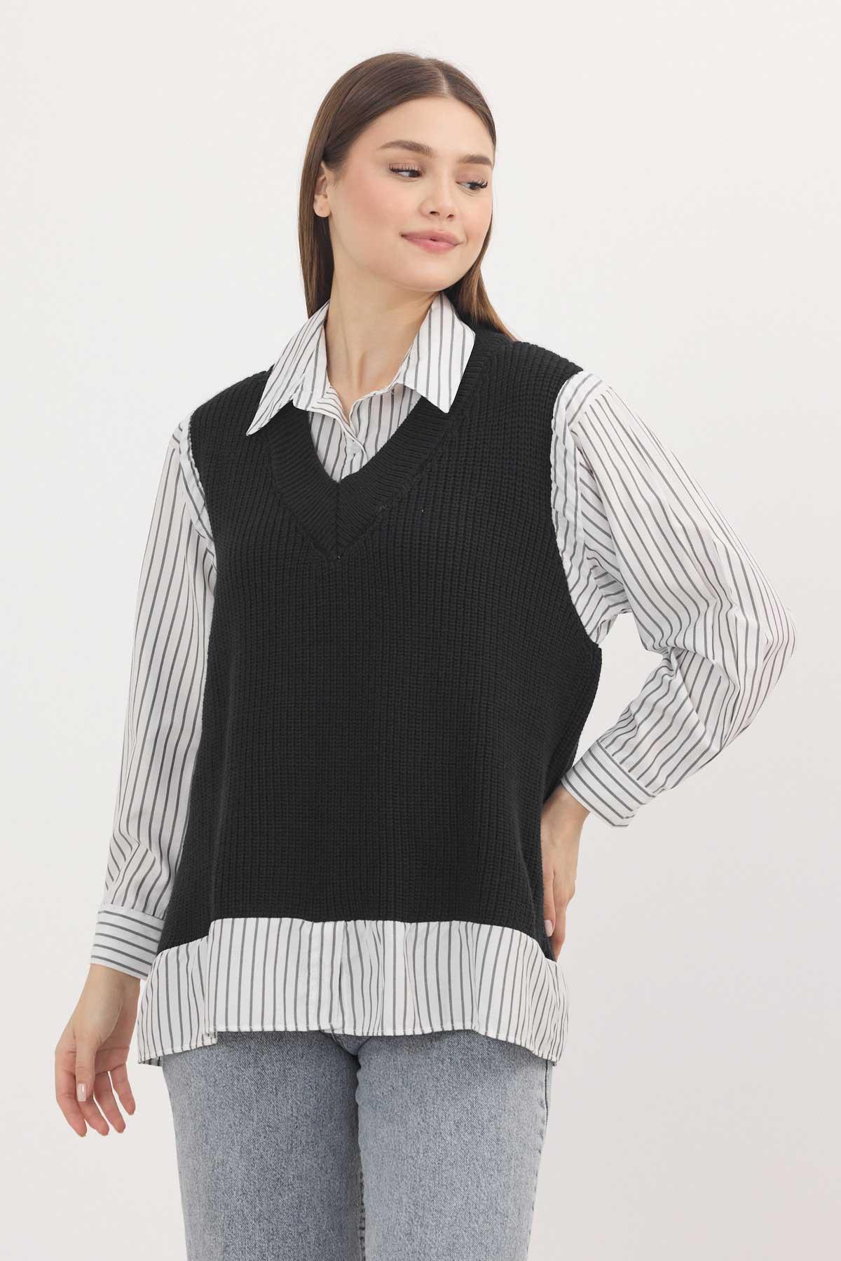 Siyah-Beyaz Gömlek Detay Kazak 5395 - 3