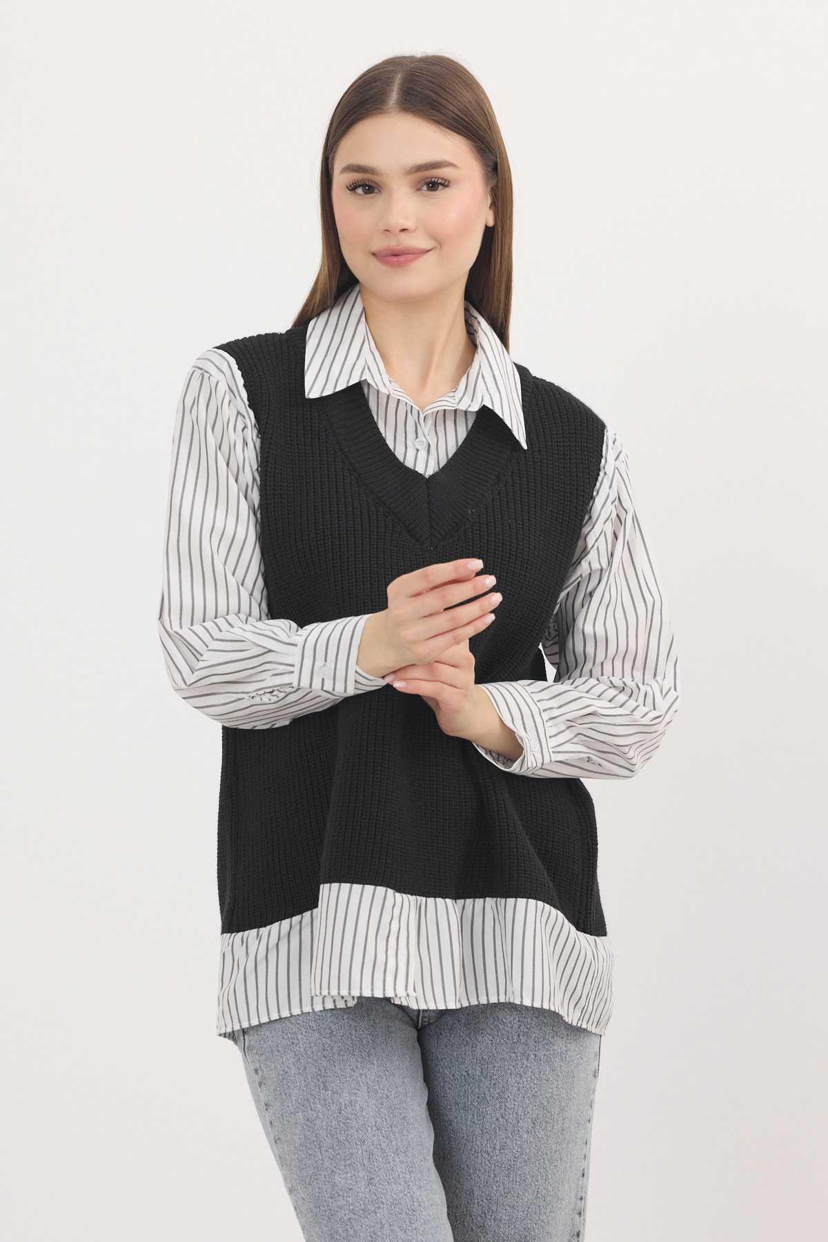 Siyah-Beyaz Gömlek Detay Kazak 5395 - 6