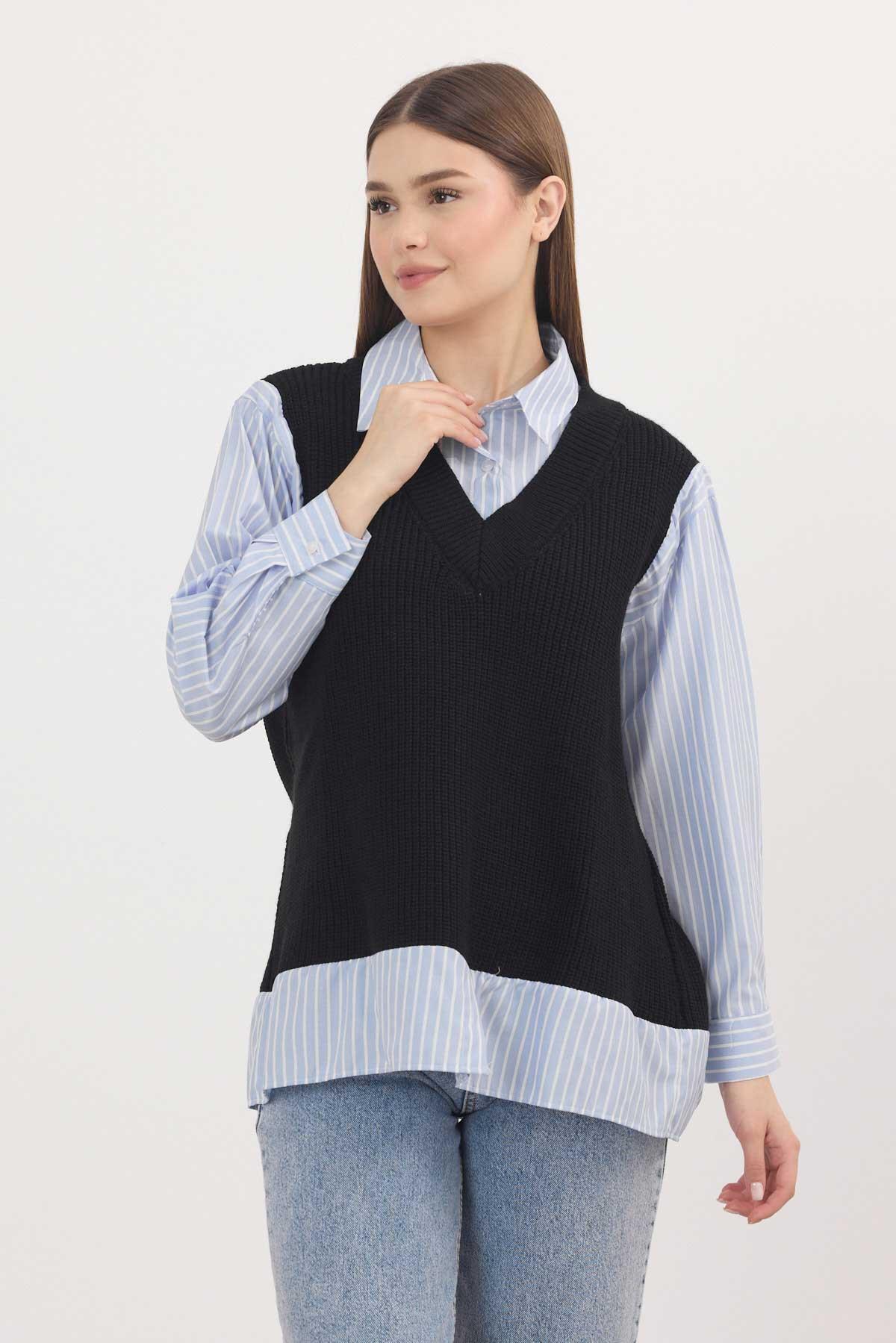 5395 Gömlek Detay Kazak Siyah-Mavi 