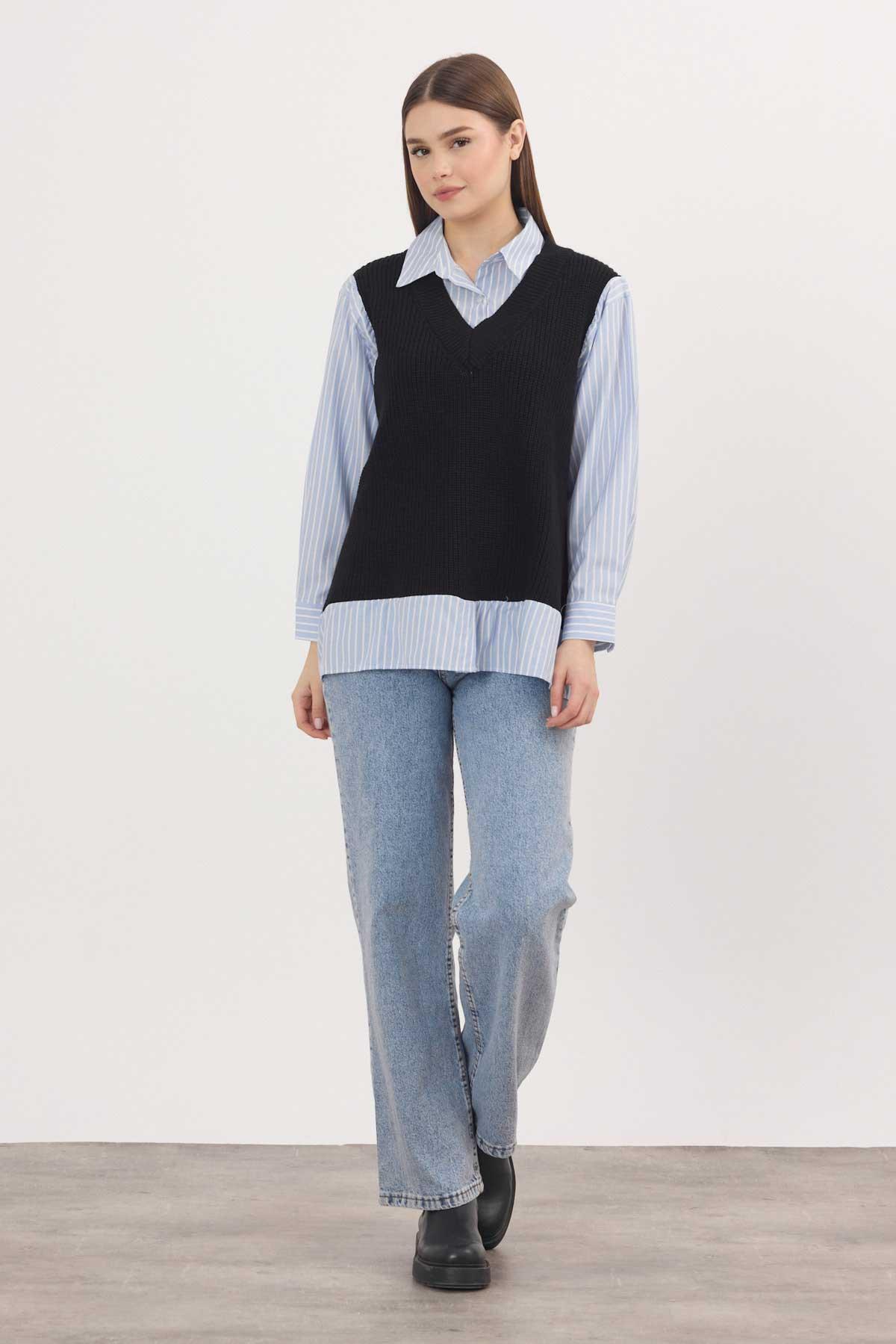 Siyah-Mavi Gömlek Detay Kazak 5395 - 2