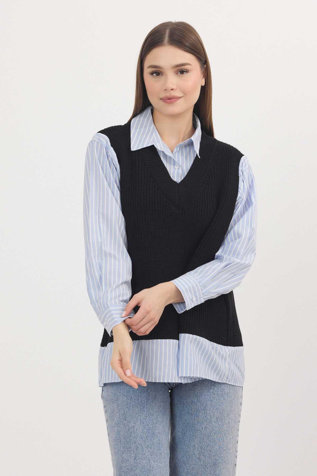 Siyah-Mavi Gömlek Detay Kazak 5395 - 6