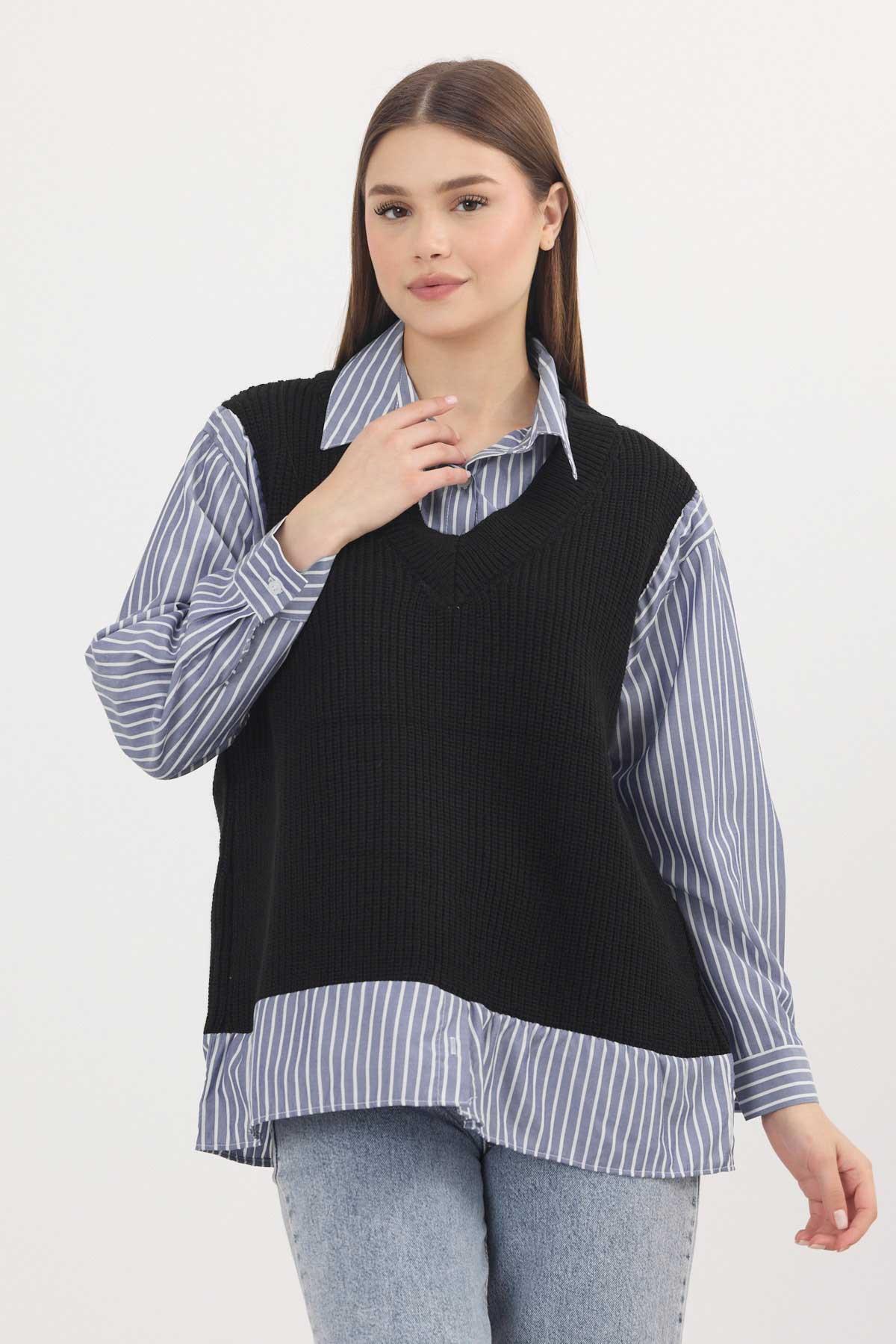 5395 Gömlek Detay Kazak Siyah-Saks 