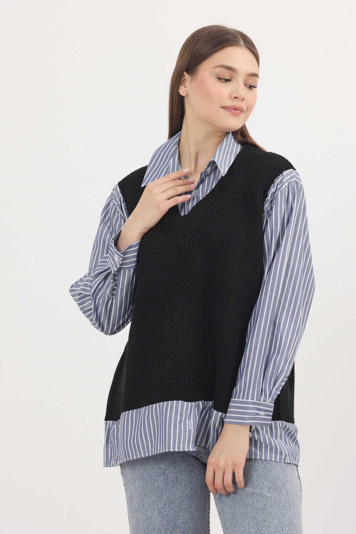 Siyah-Saks Gömlek Detay Kazak 5395 - 3