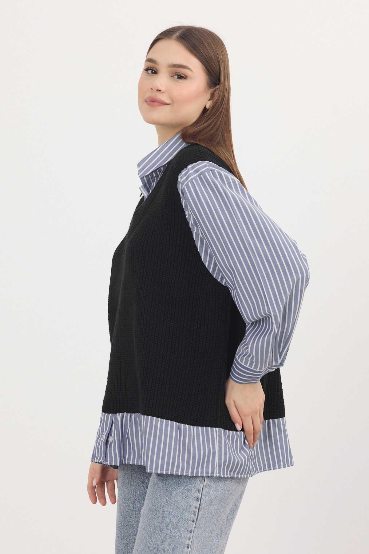 Siyah-Saks Gömlek Detay Kazak 5395 - 7