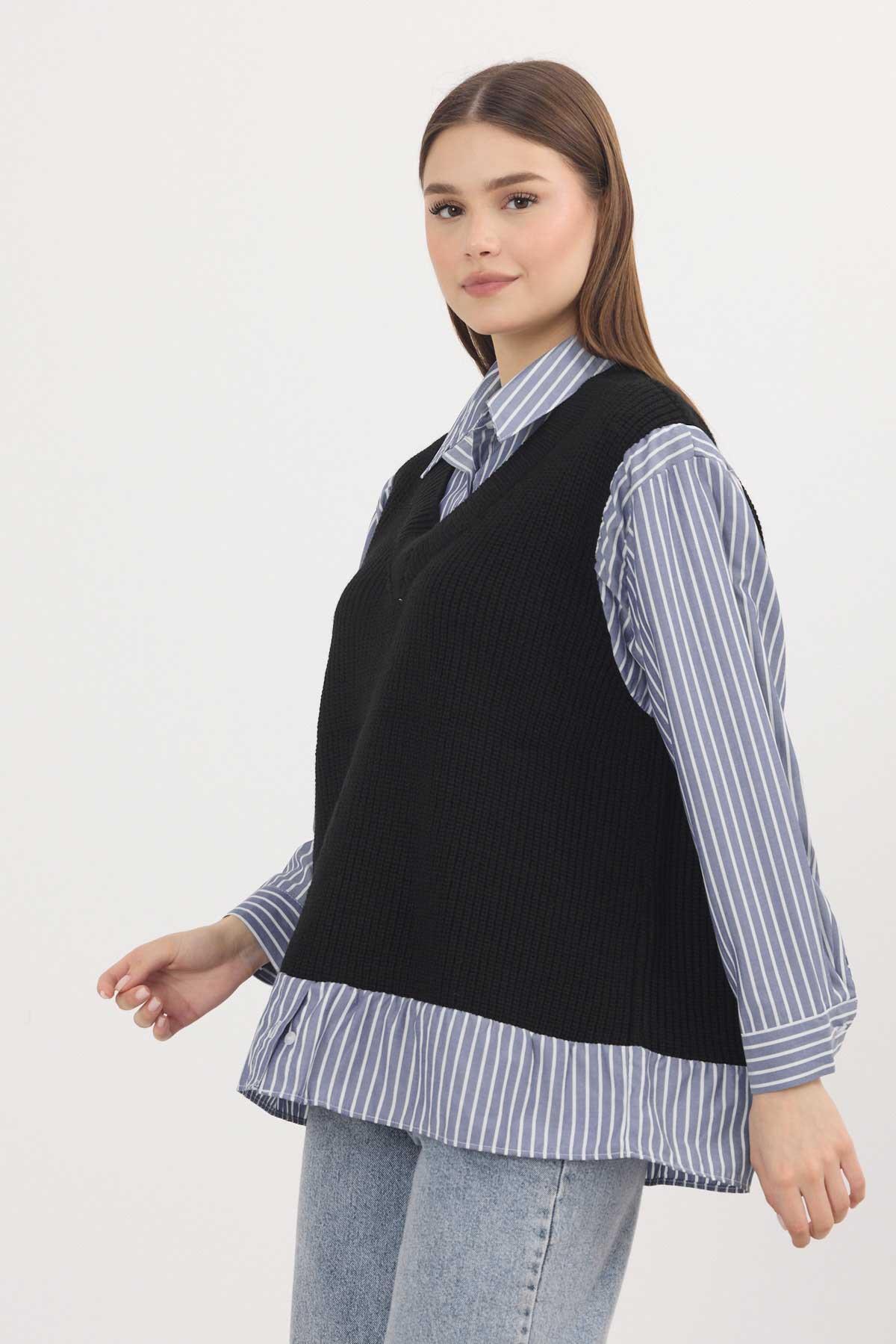 Siyah-Saks Gömlek Detay Kazak 5395 - 8