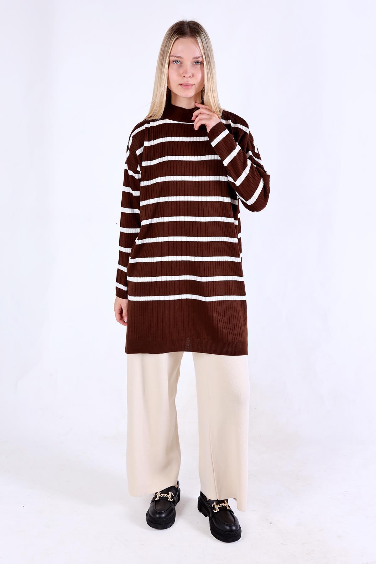 Çizgili Balıkçı Yaka Tunik 5415 Acı Kahve - 6