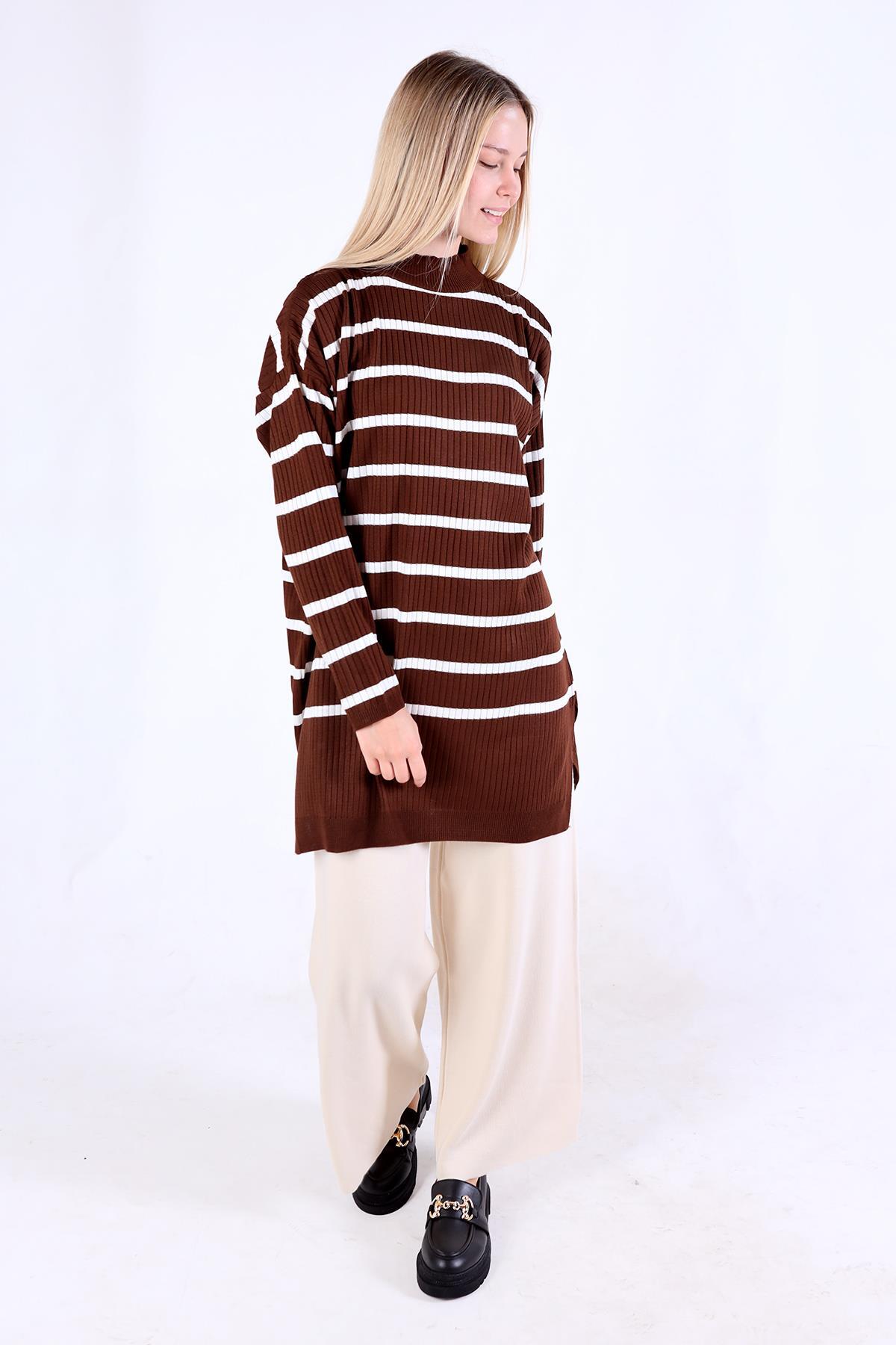 Çizgili Balıkçı Yaka Tunik 5415 Acı Kahve - 7