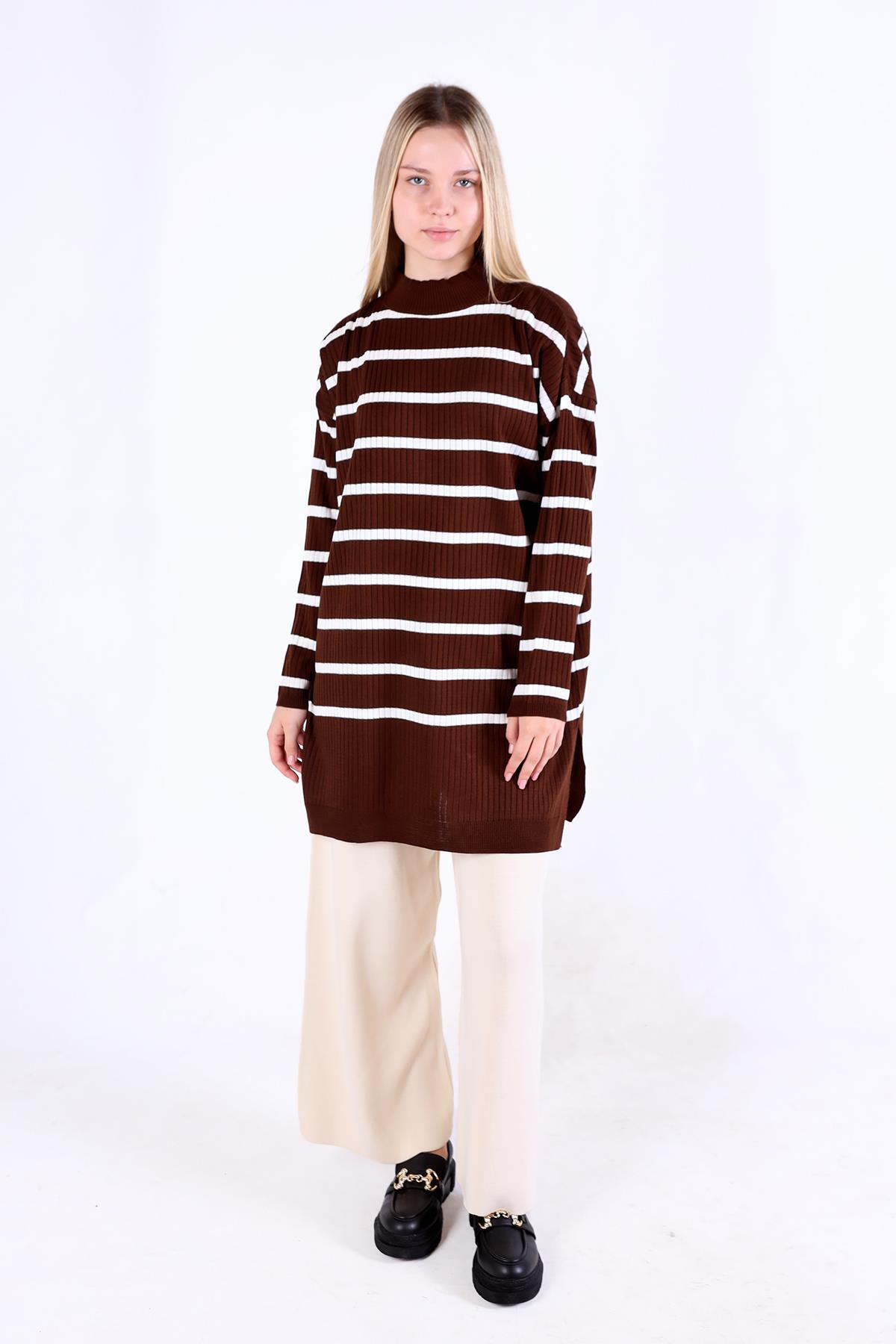 5415 Çizgili Balıkçı Yaka Tunik Acı Kahve - RAYS