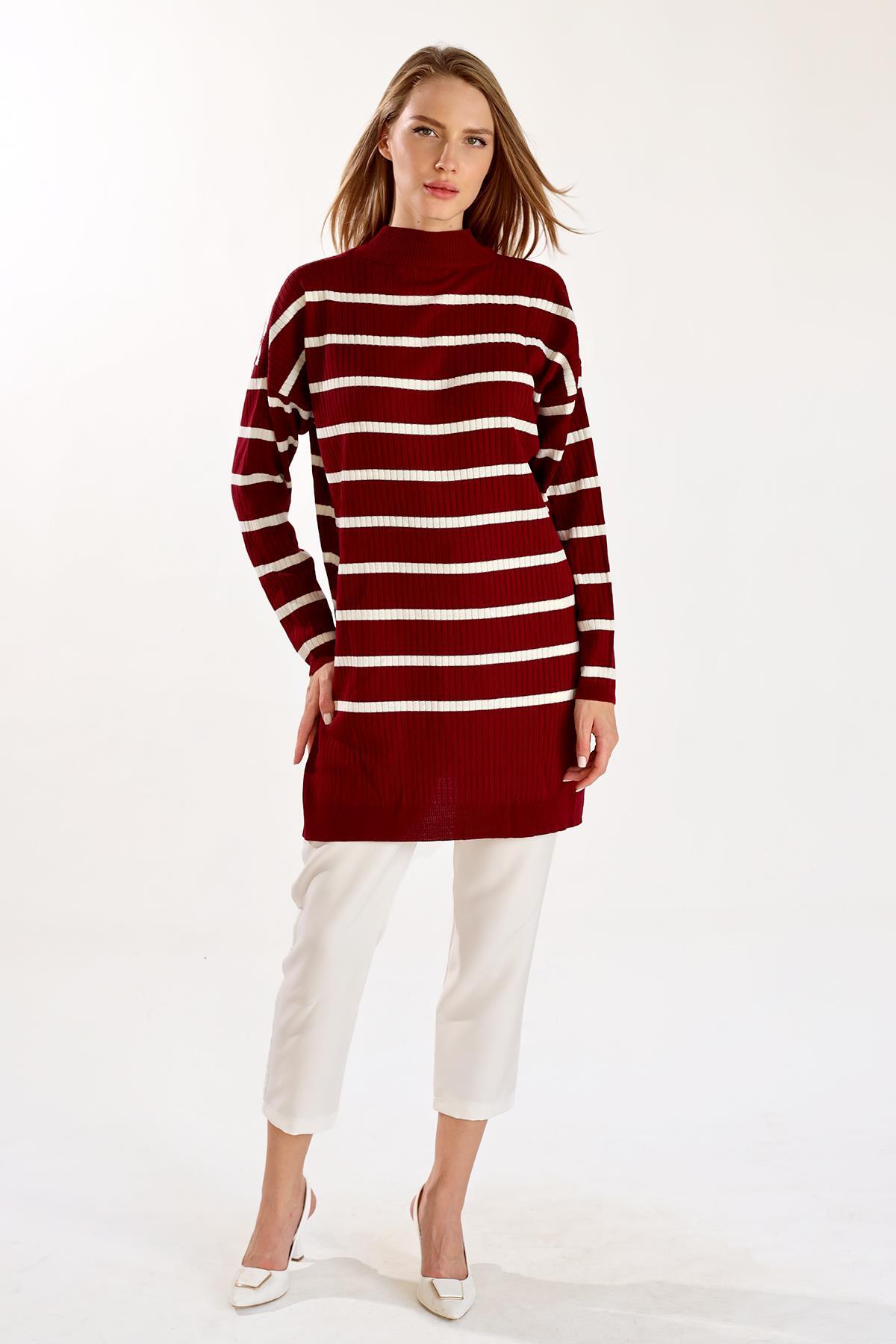 5415 Çizgili Balıkçı Yaka Tunik Bordo 
