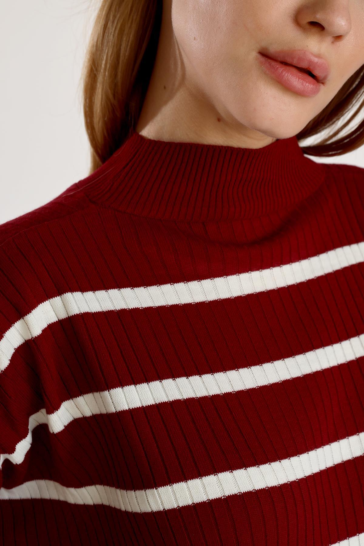 5415 Çizgili Balıkçı Yaka Tunik Bordo - 4