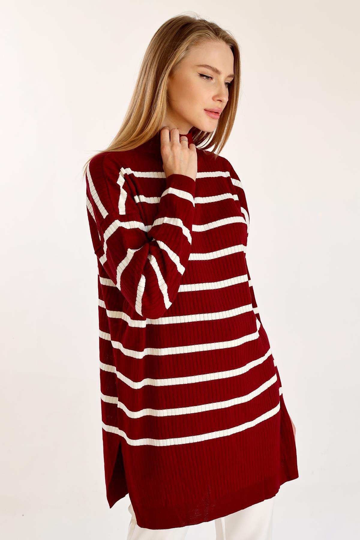 5415 Çizgili Balıkçı Yaka Tunik Bordo - 3