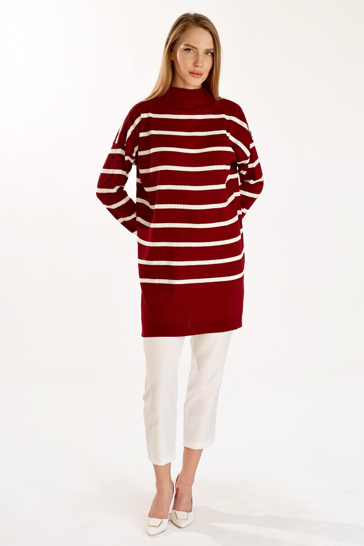 5415 Çizgili Balıkçı Yaka Tunik Bordo - 7