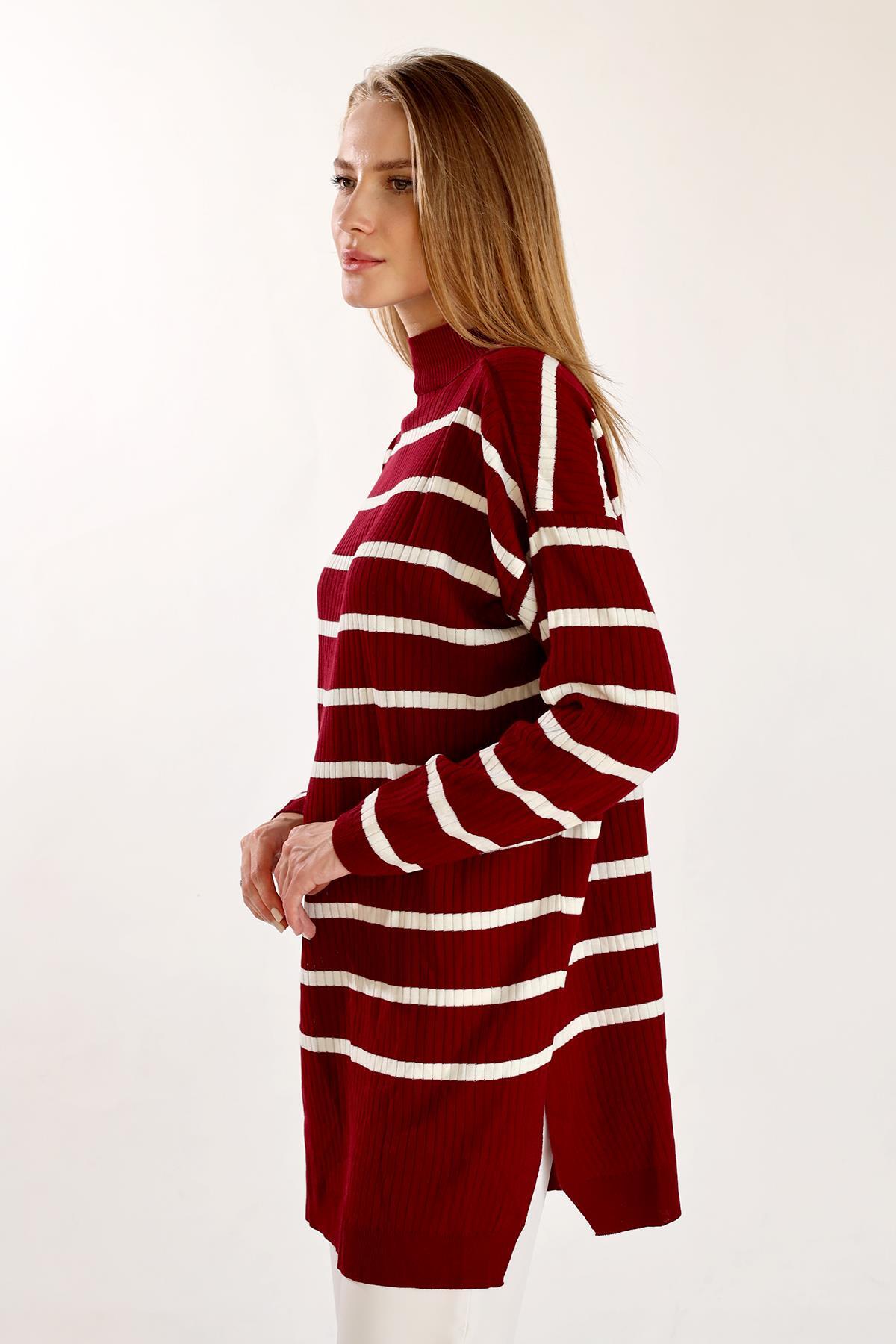 5415 Çizgili Balıkçı Yaka Tunik Bordo - 2