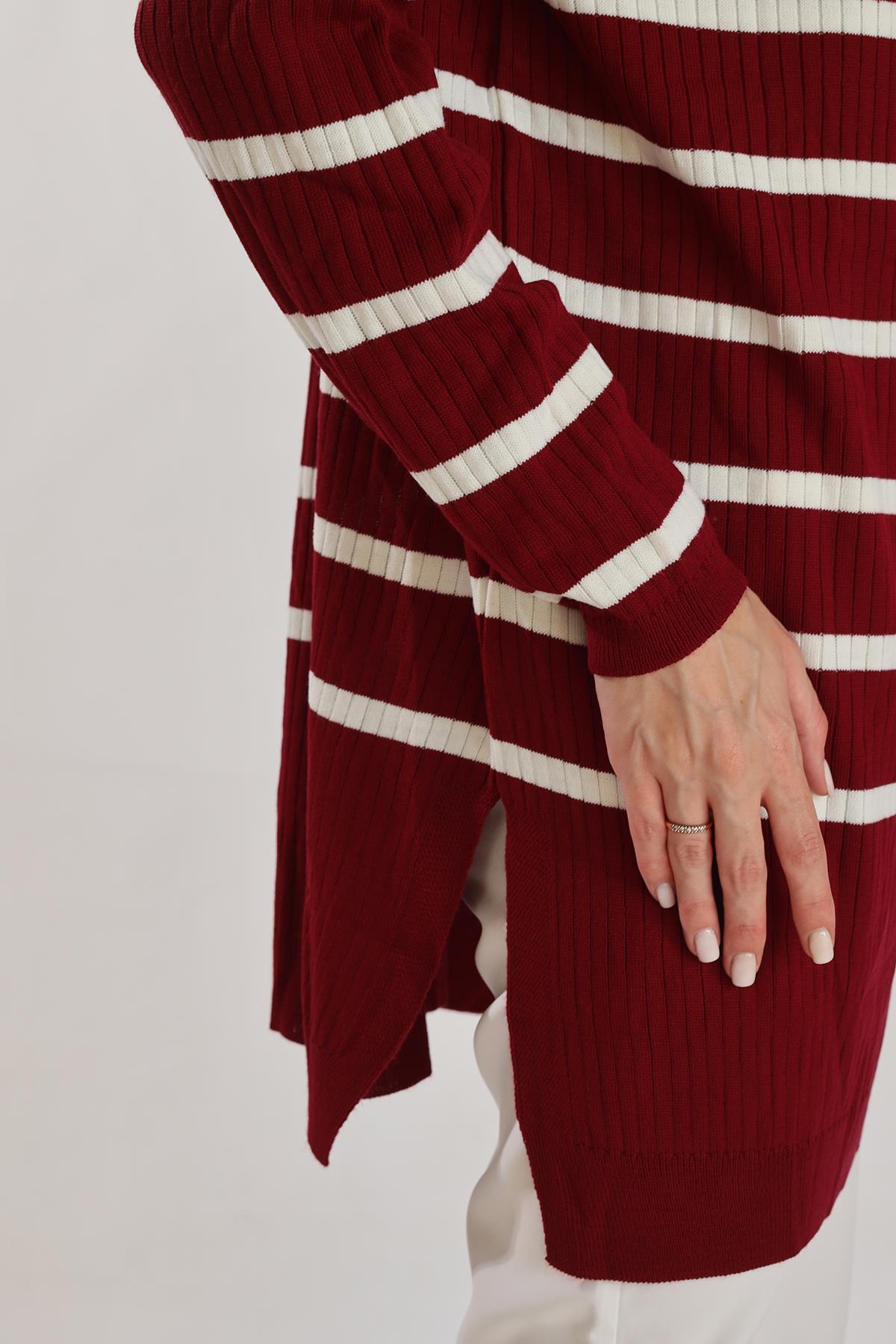 5415 Çizgili Balıkçı Yaka Tunik Bordo - 6