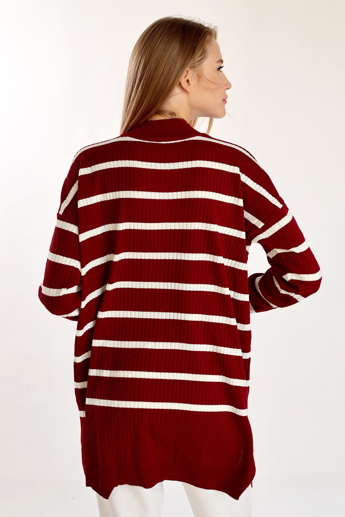 5415 Çizgili Balıkçı Yaka Tunik Bordo - 5