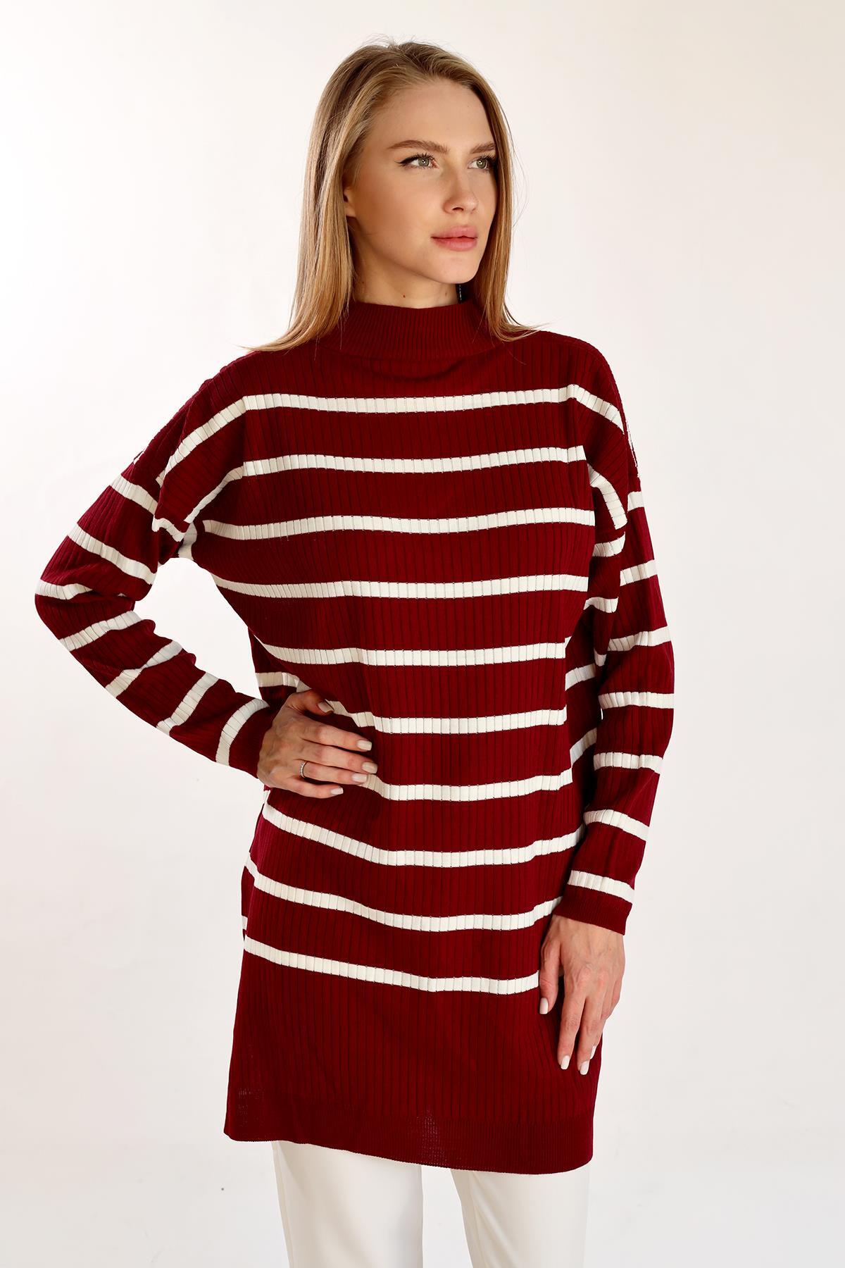5415 Çizgili Balıkçı Yaka Tunik Bordo - 8