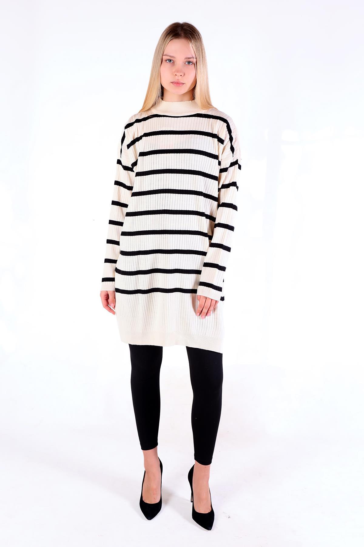 Ekru Çizgili Balıkçı Yaka Tunik 5415 