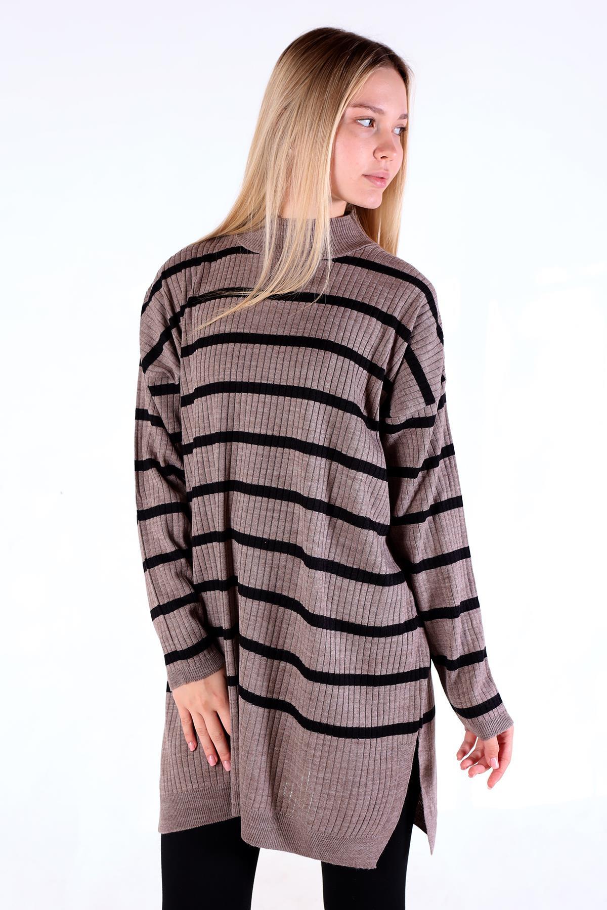 5415 Çizgili Balıkçı Yaka Tunik Vizon - RAYS