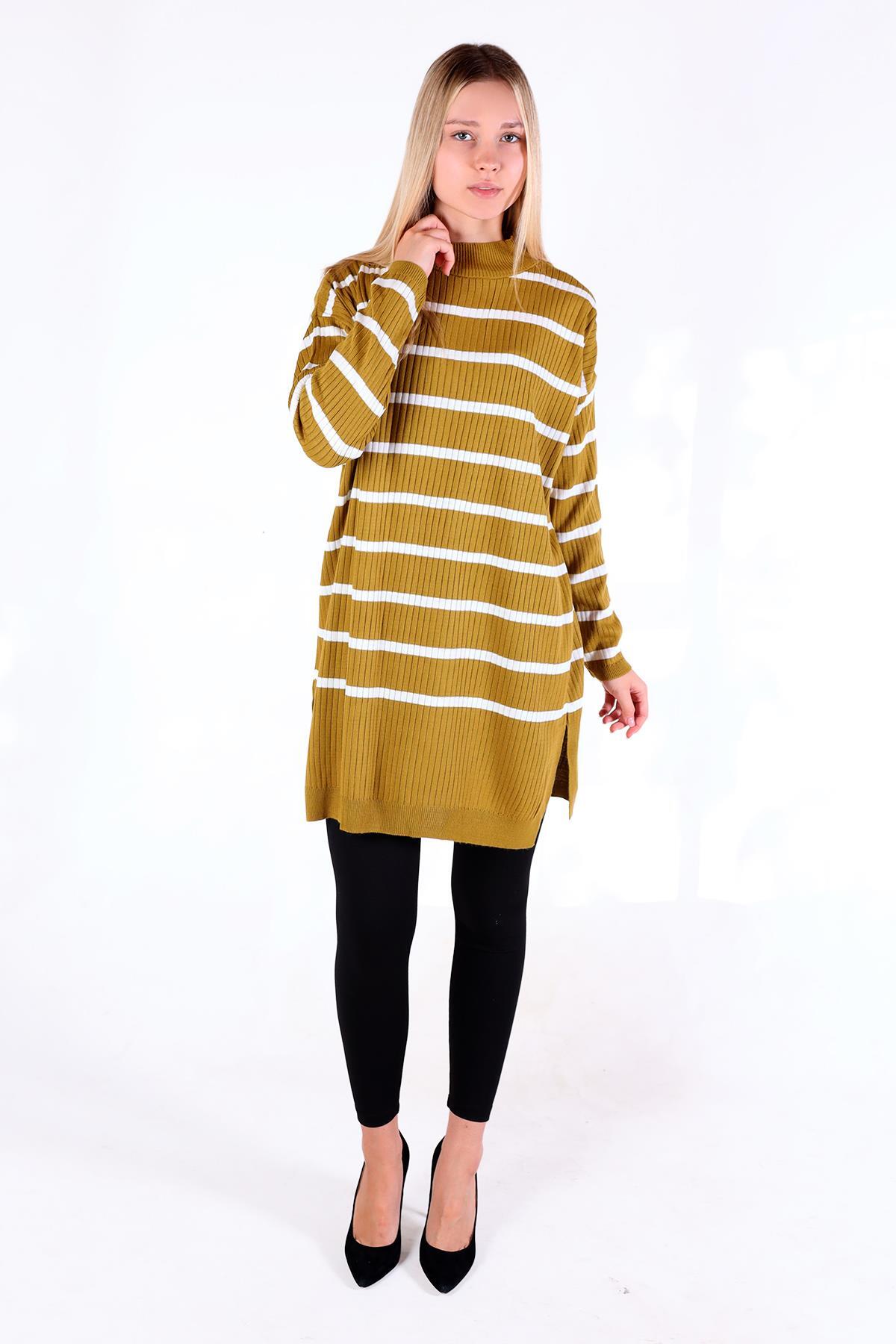 5415 Çizgili Balıkçı Yaka Tunik Yağ Yeşili - RAYS