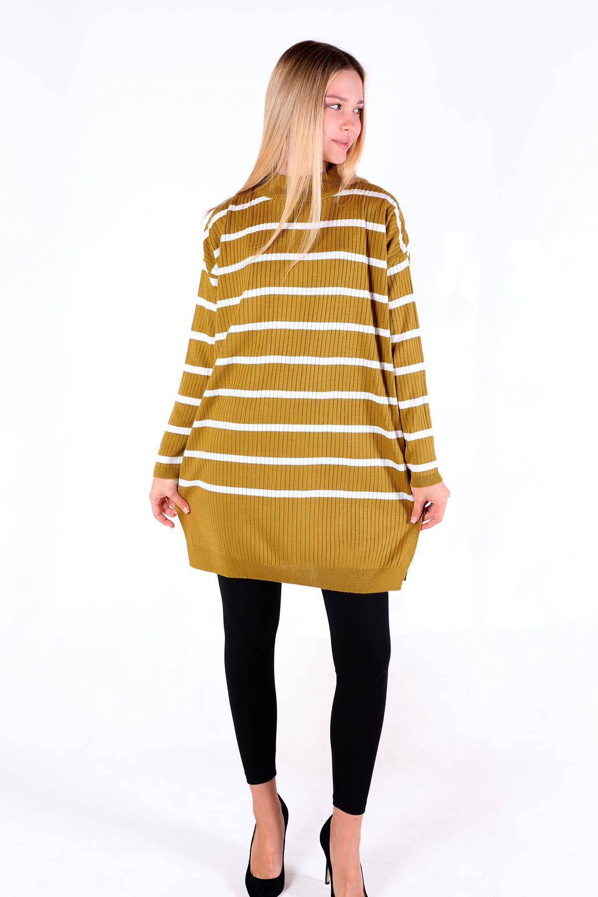 5415 Çizgili Balıkçı Yaka Tunik Yağ Yeşili - RAYS