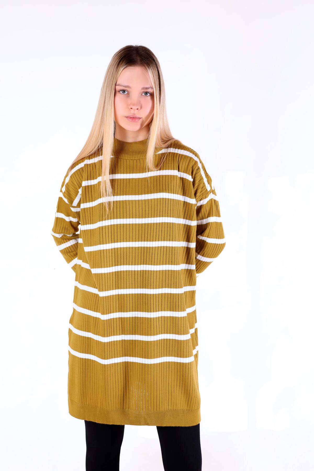 Yağ Yeşili Çizgili Balıkçı Yaka Tunik 5415 - 7