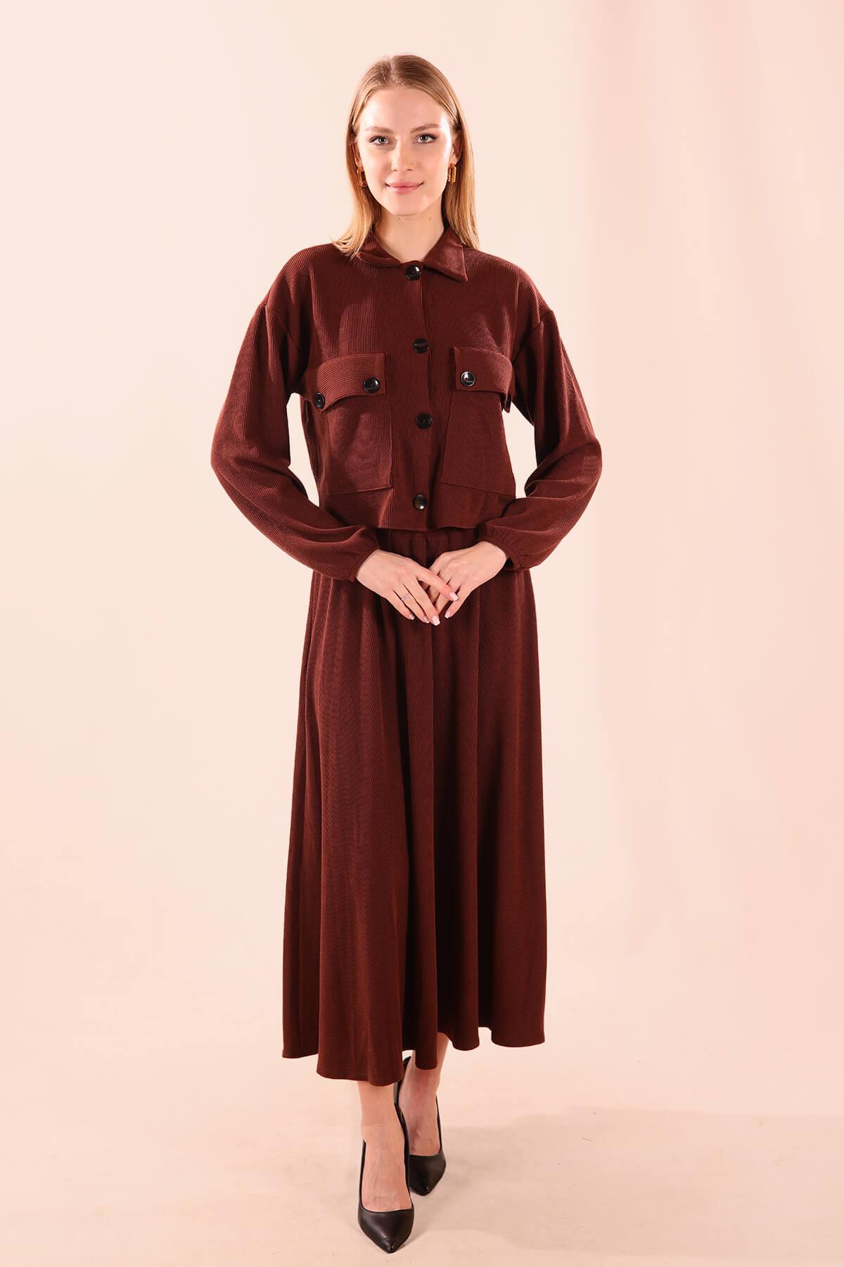 5453 Büyük Cep Gömlek-Etek Takım Kahve - 2