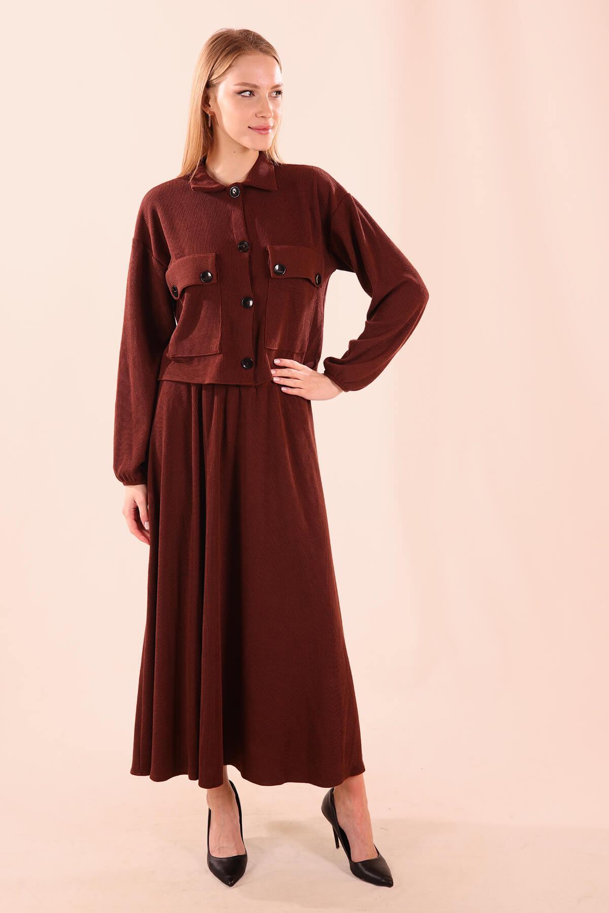 5453 Büyük Cep Gömlek-Etek Takım Kahve - 1