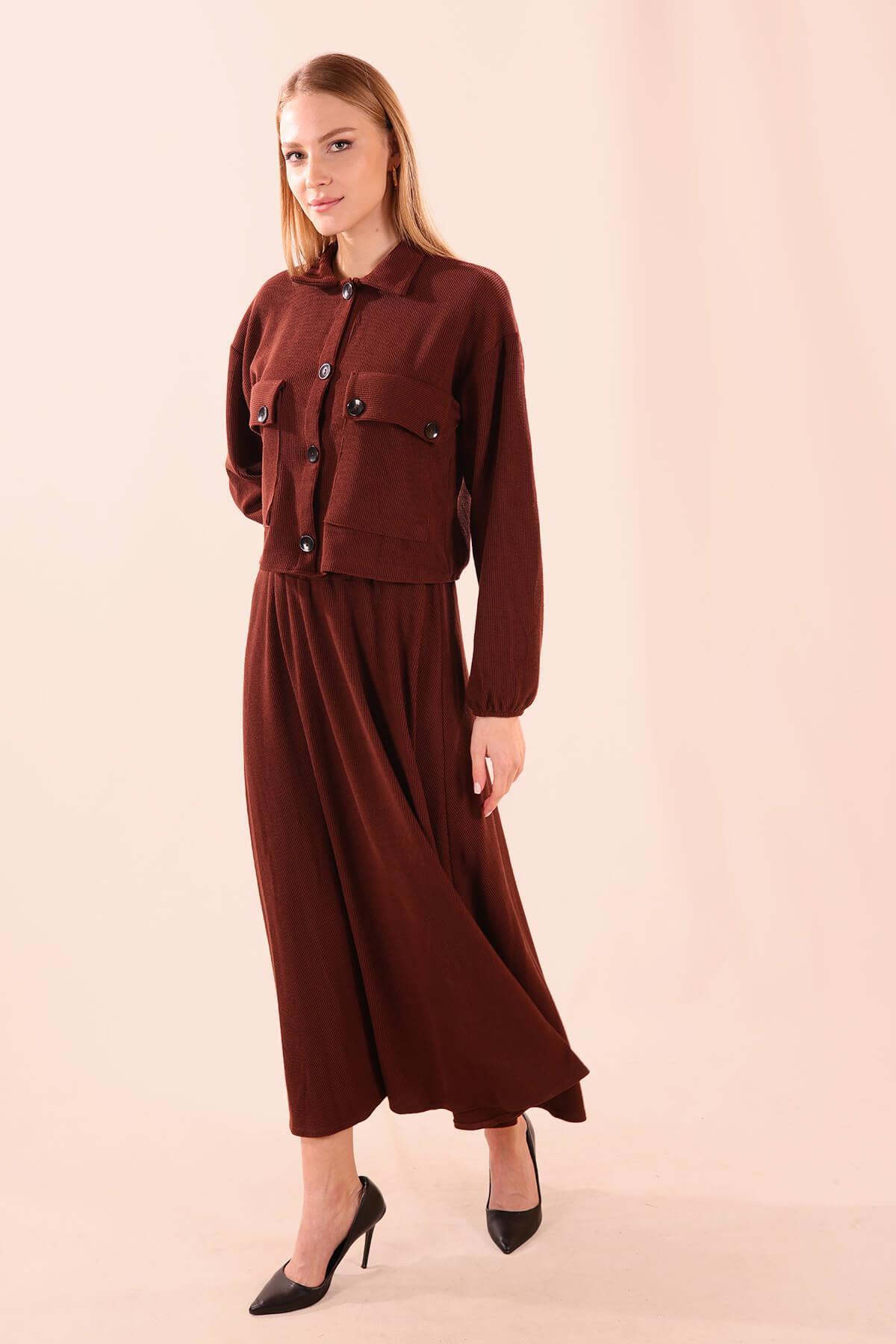 5453 Büyük Cep Gömlek-Etek Takım Kahve - 3