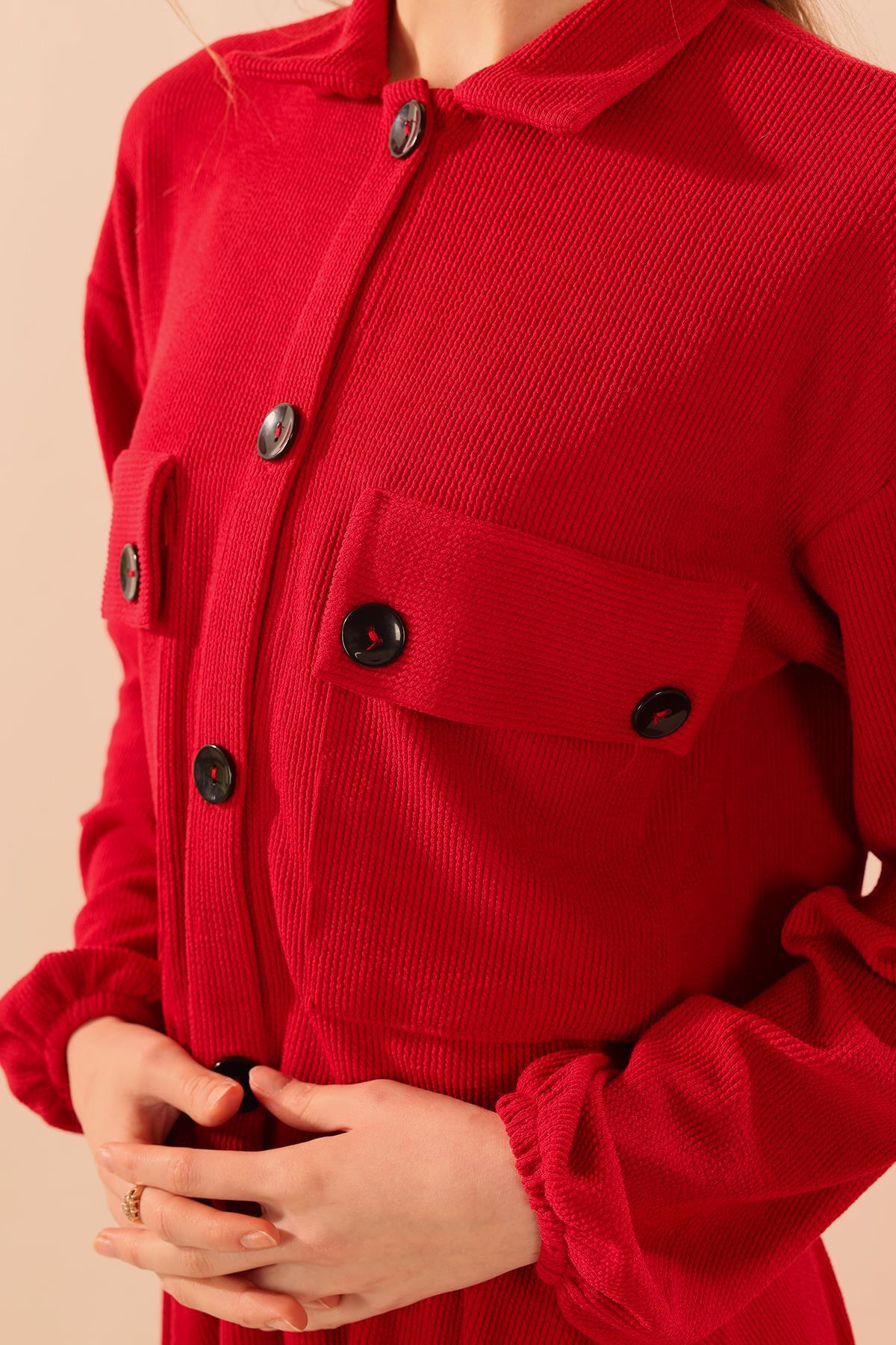 5453 Büyük Cep Gömlek-Etek Takım Kırmızı - 7