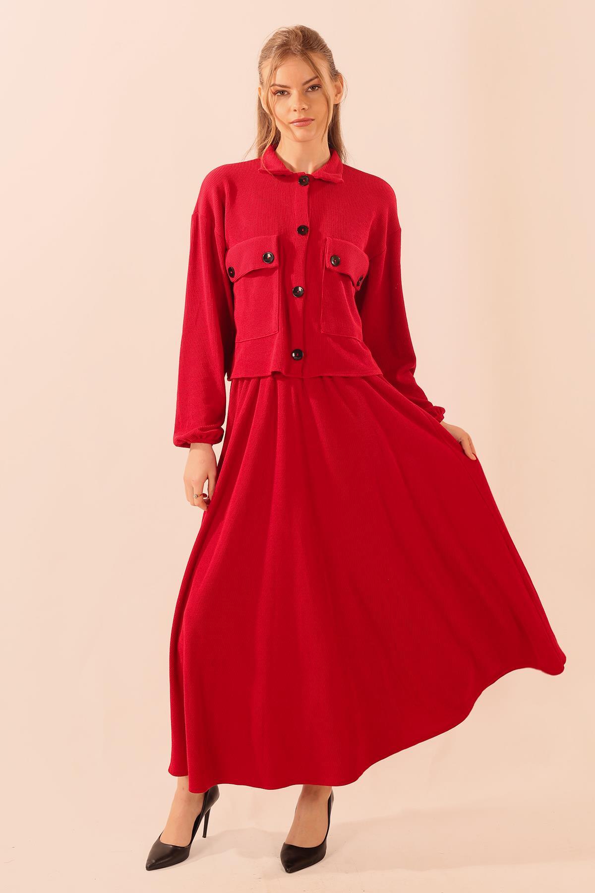 Kırmızı Büyük Cep Gömlek-Etek Takım 5453 