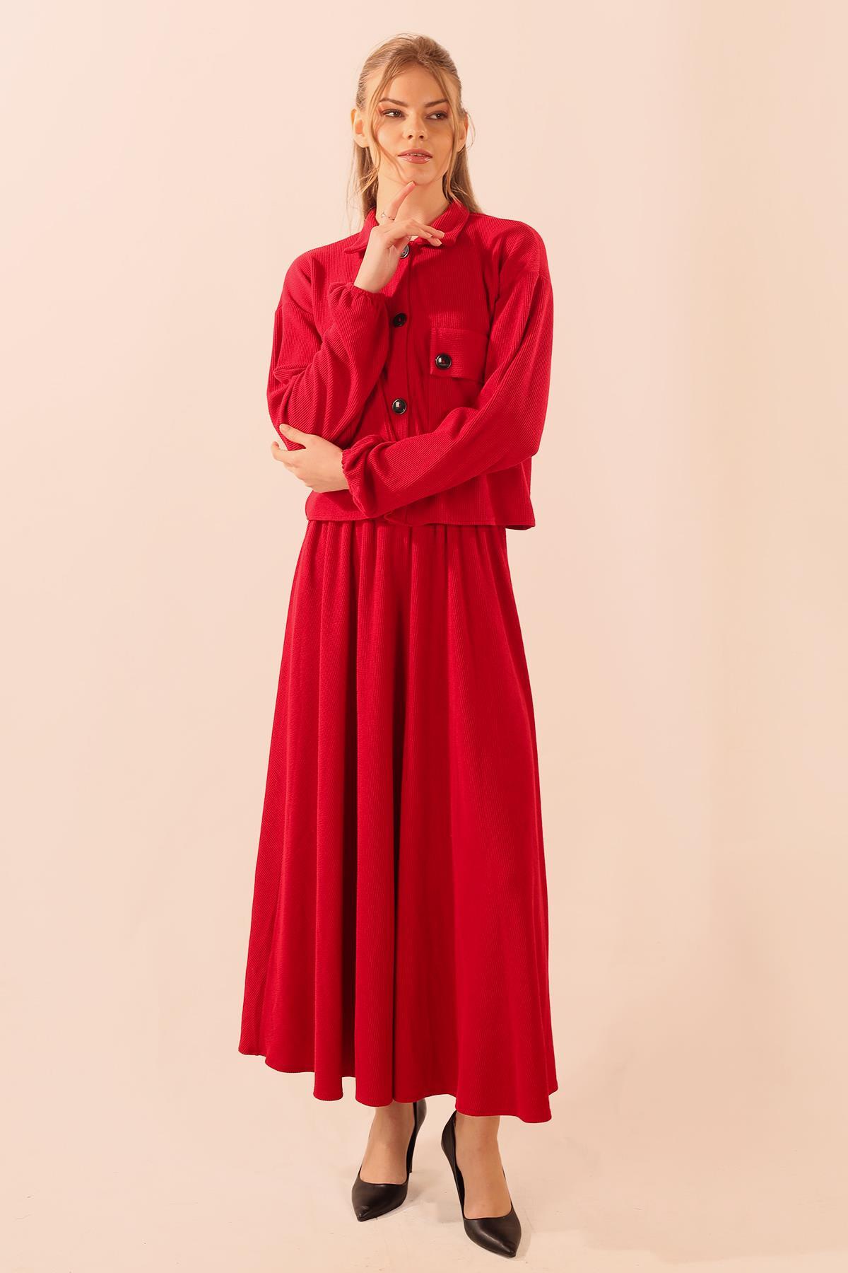 Kırmızı Büyük Cep Gömlek-Etek Takım 5453 - 2