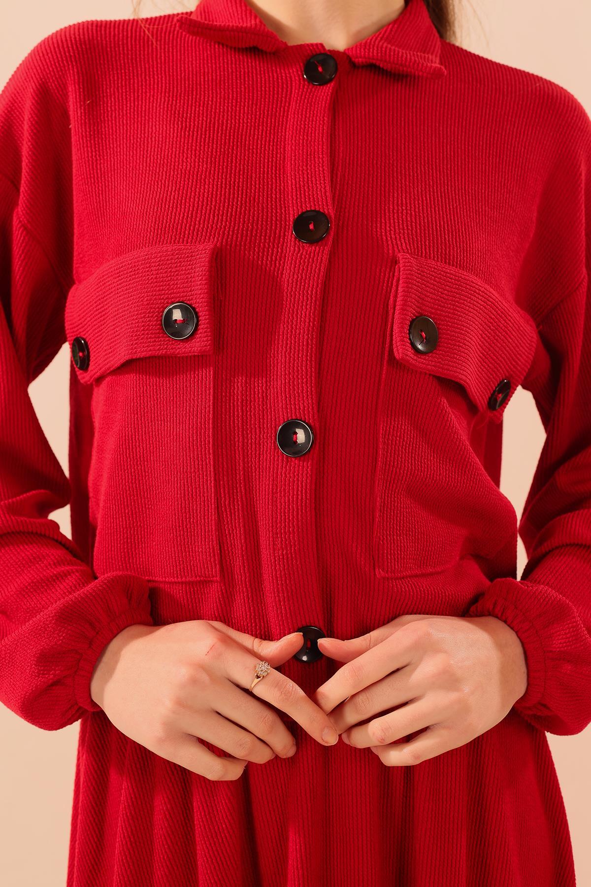 Kırmızı Büyük Cep Gömlek-Etek Takım 5453 - 3