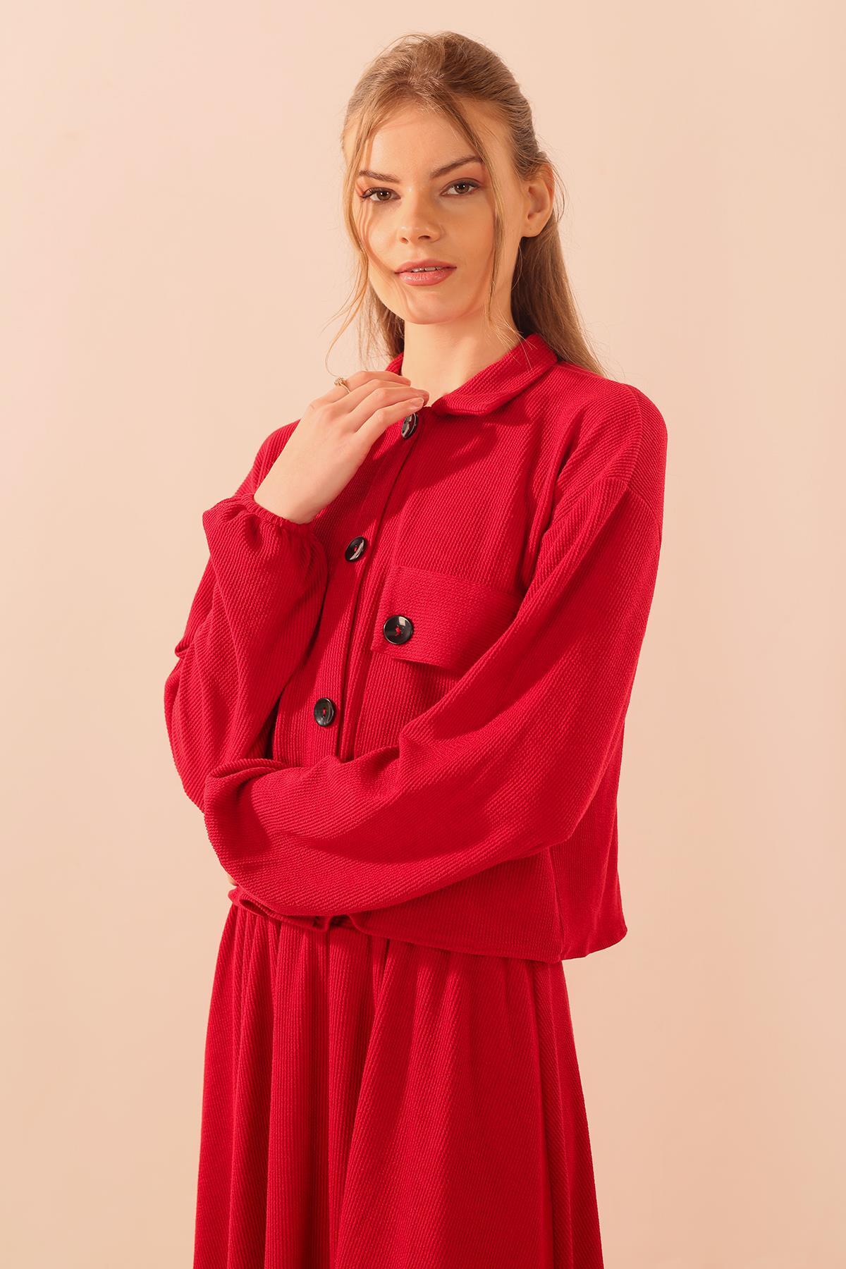 Kırmızı Büyük Cep Gömlek-Etek Takım 5453 - 6