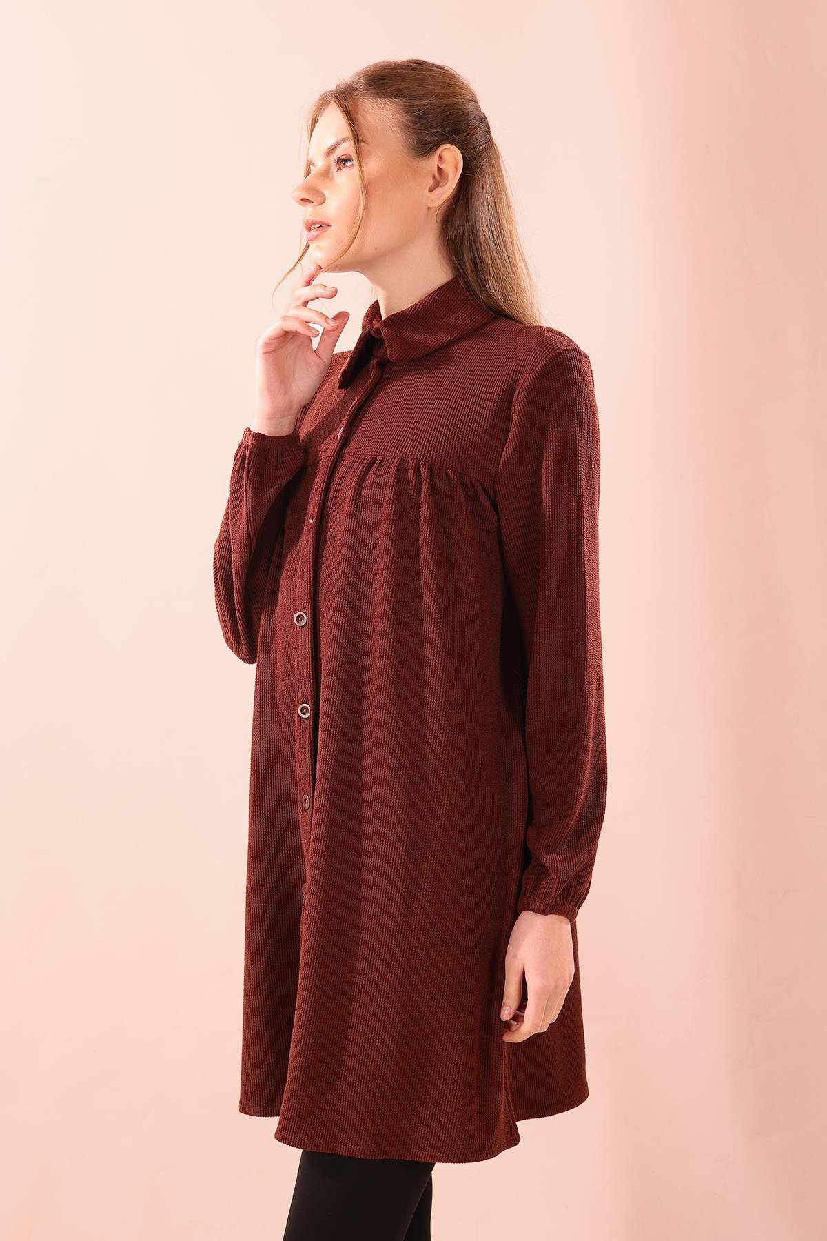 5463 Ön Roba Büzgülü Tunik Kahve - 2