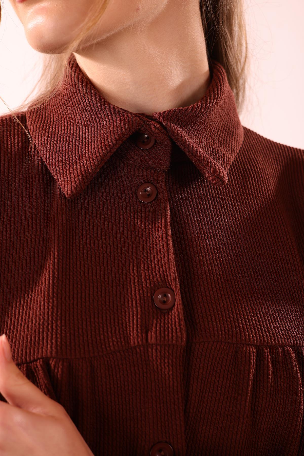 5463 Ön Roba Büzgülü Tunik Kahve - 4