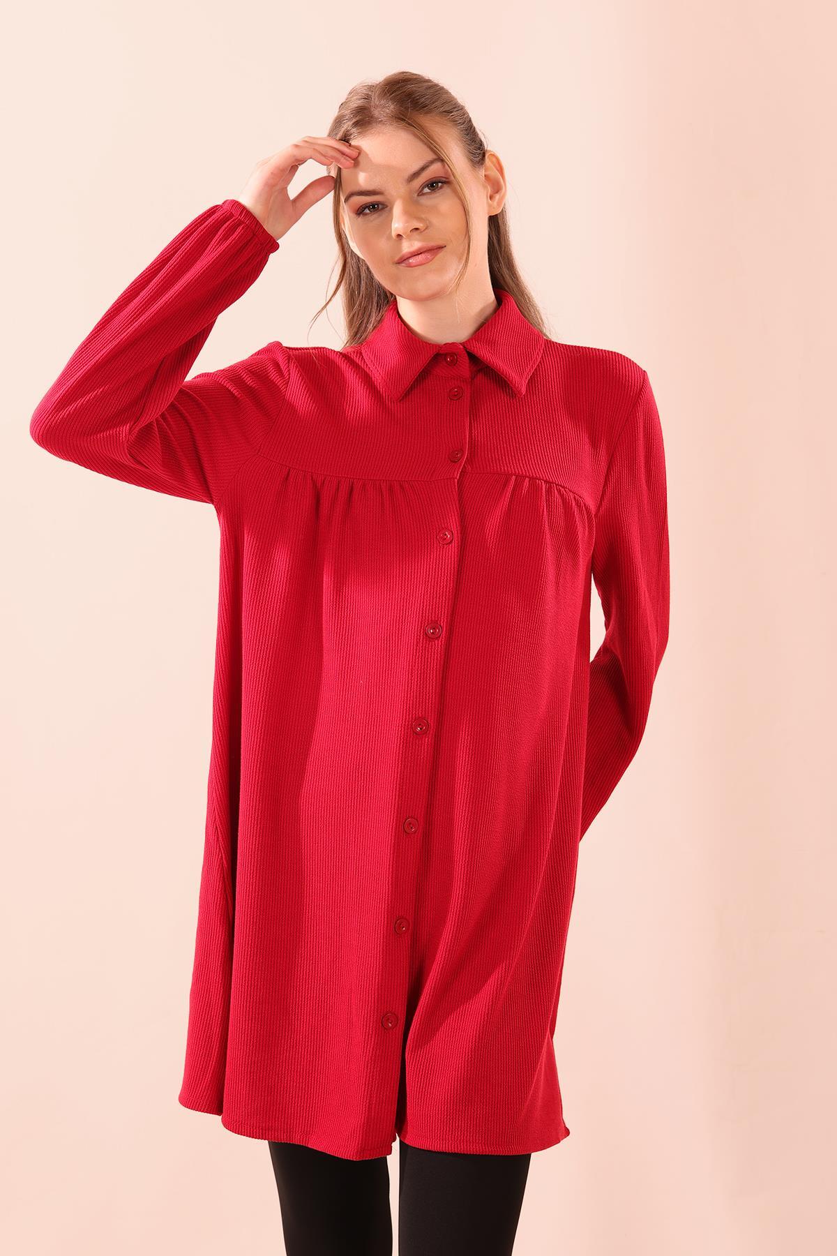 5463 Ön Roba Büzgülü Tunik Kırmızı - 5