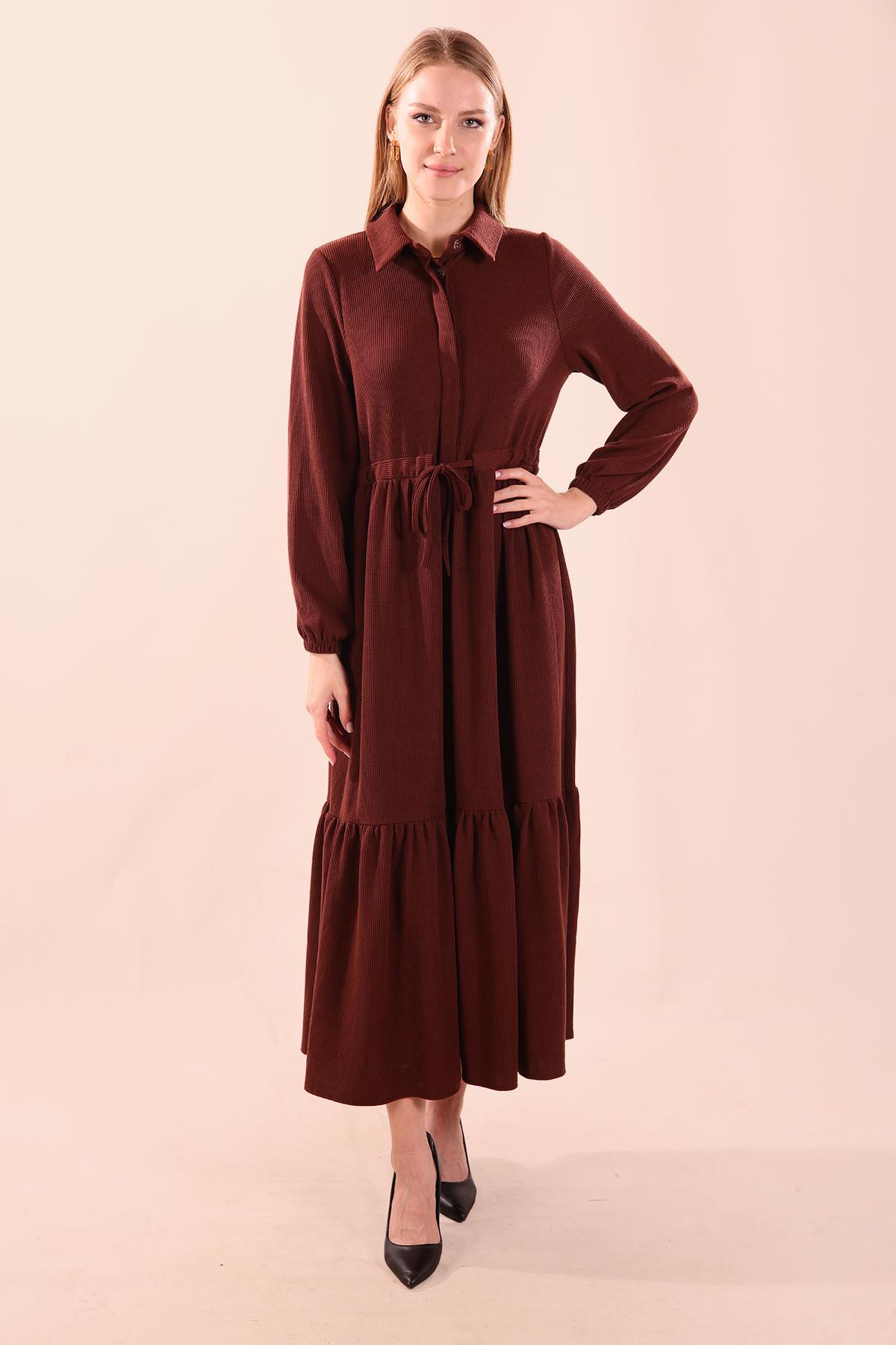 5464 Bel Bağlamalı Düğmeli Elbise Kahve - 1