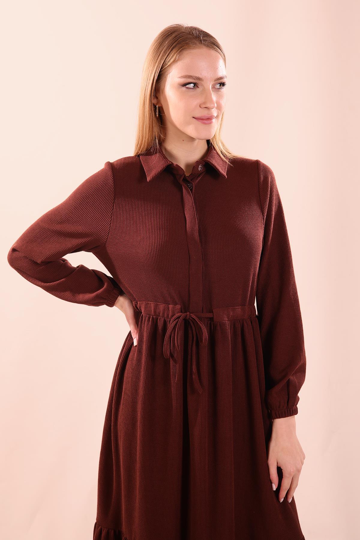 Kahve Bel Bağlamalı Düğmeli Elbise 5464 - 3