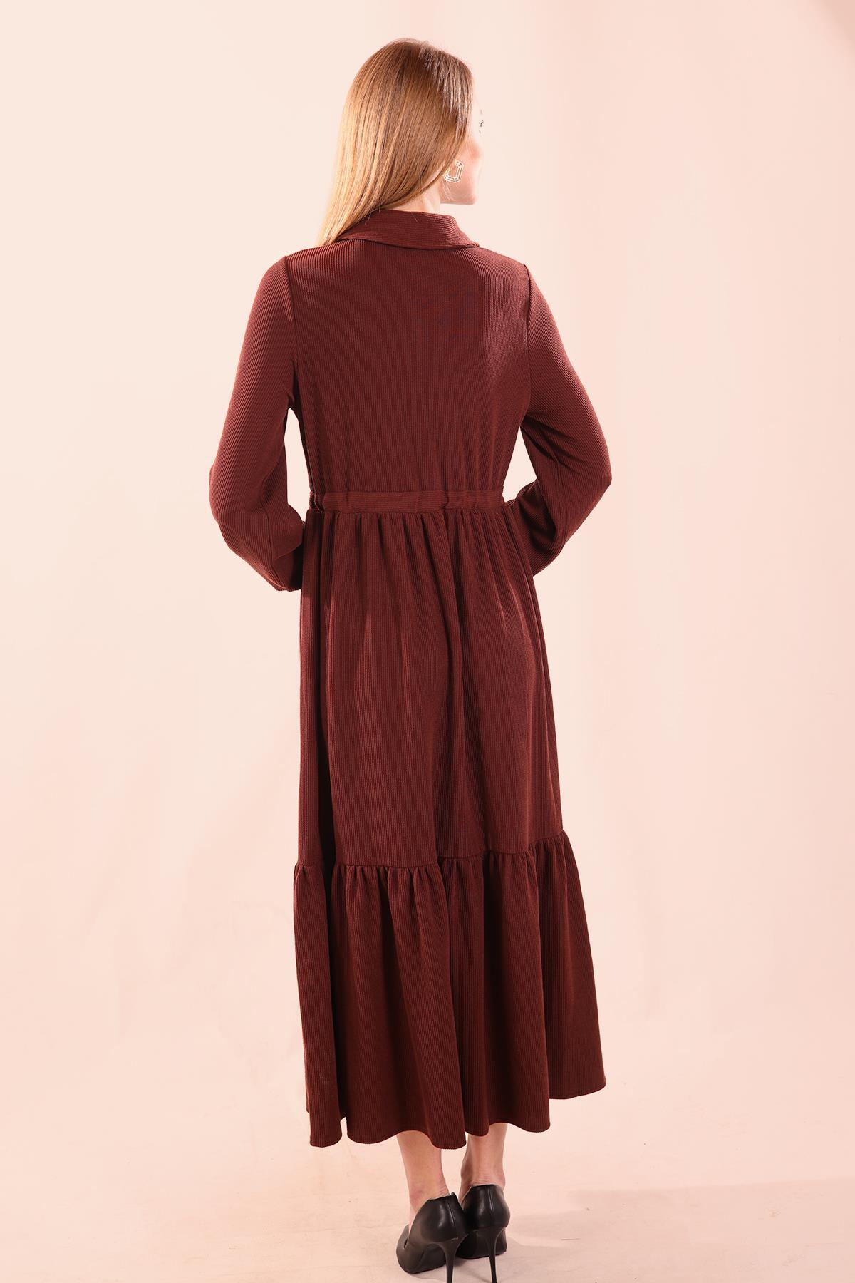 Kahve Bel Bağlamalı Düğmeli Elbise 5464 - 5