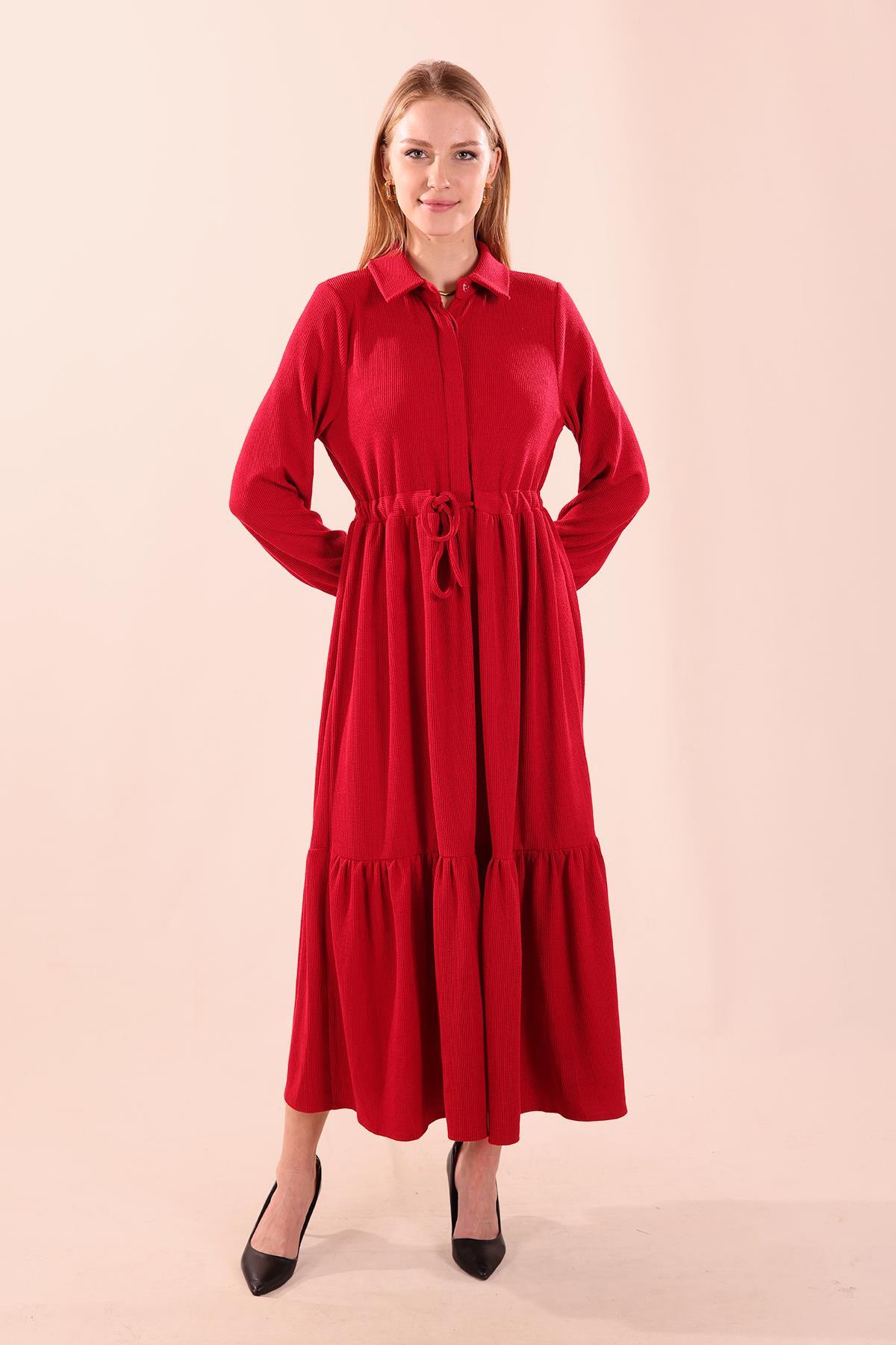 5464 Bel Bağlamalı Düğmeli Elbise Kırmızı - 1