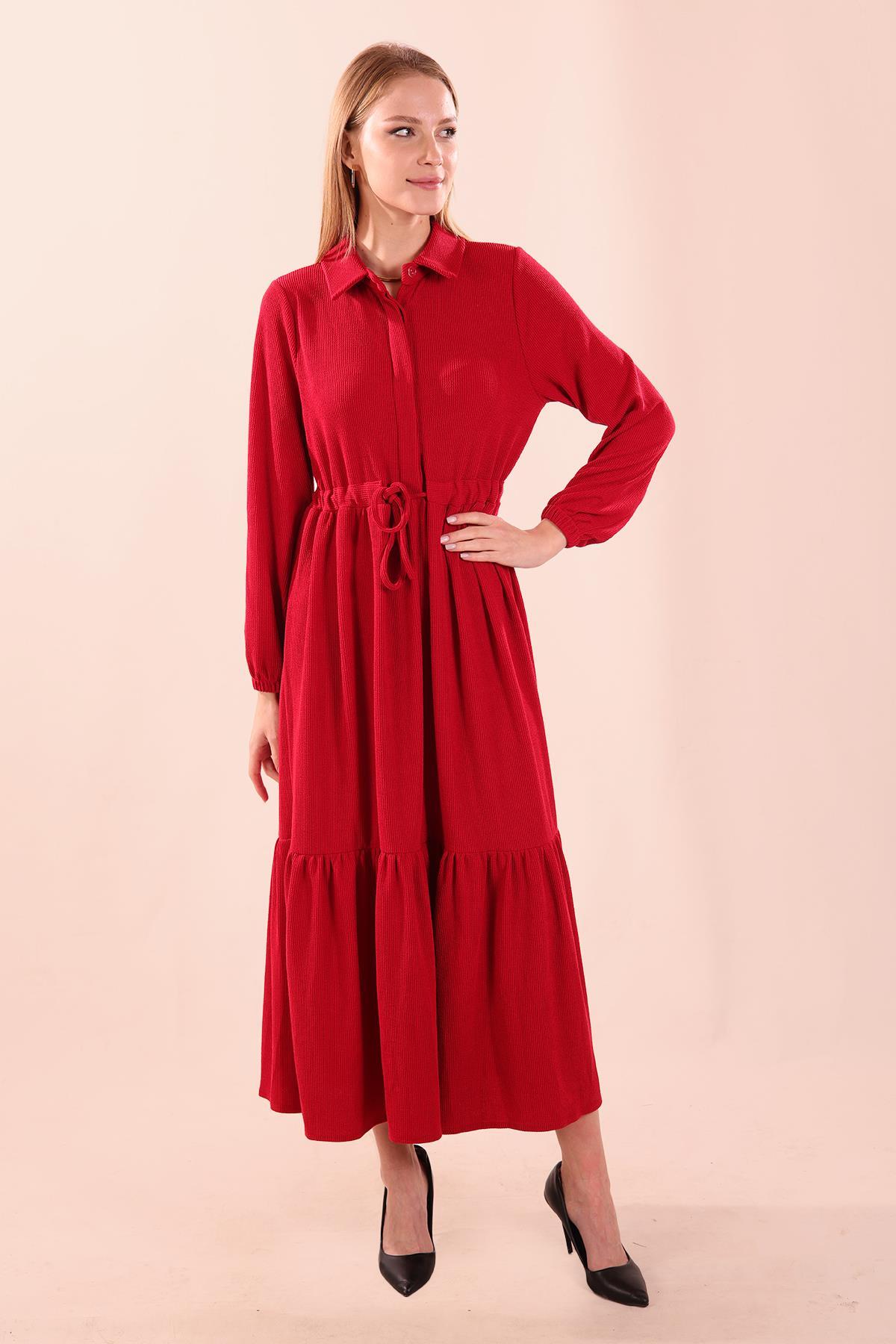 5464 Bel Bağlamalı Düğmeli Elbise Kırmızı - 2