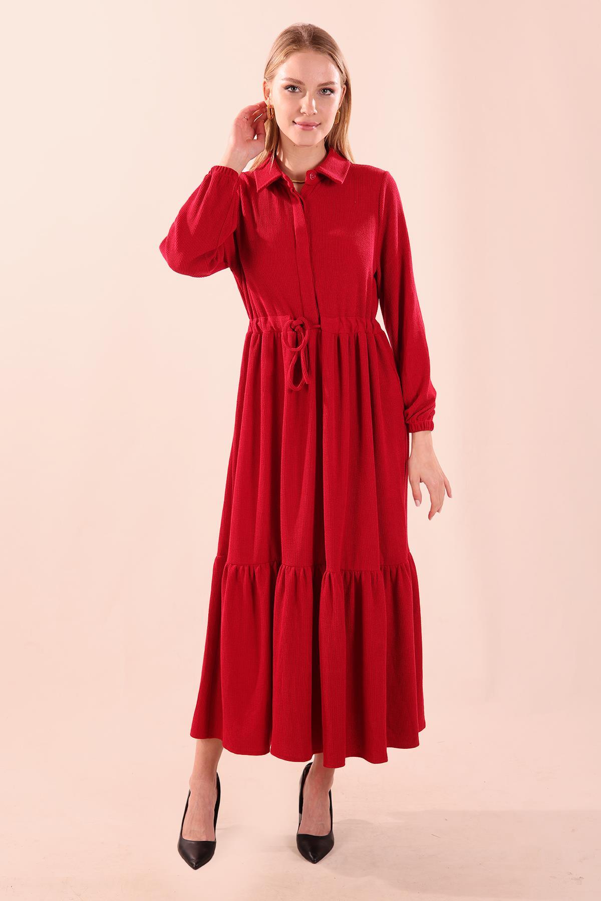 5464 Bel Bağlamalı Düğmeli Elbise Kırmızı - 3