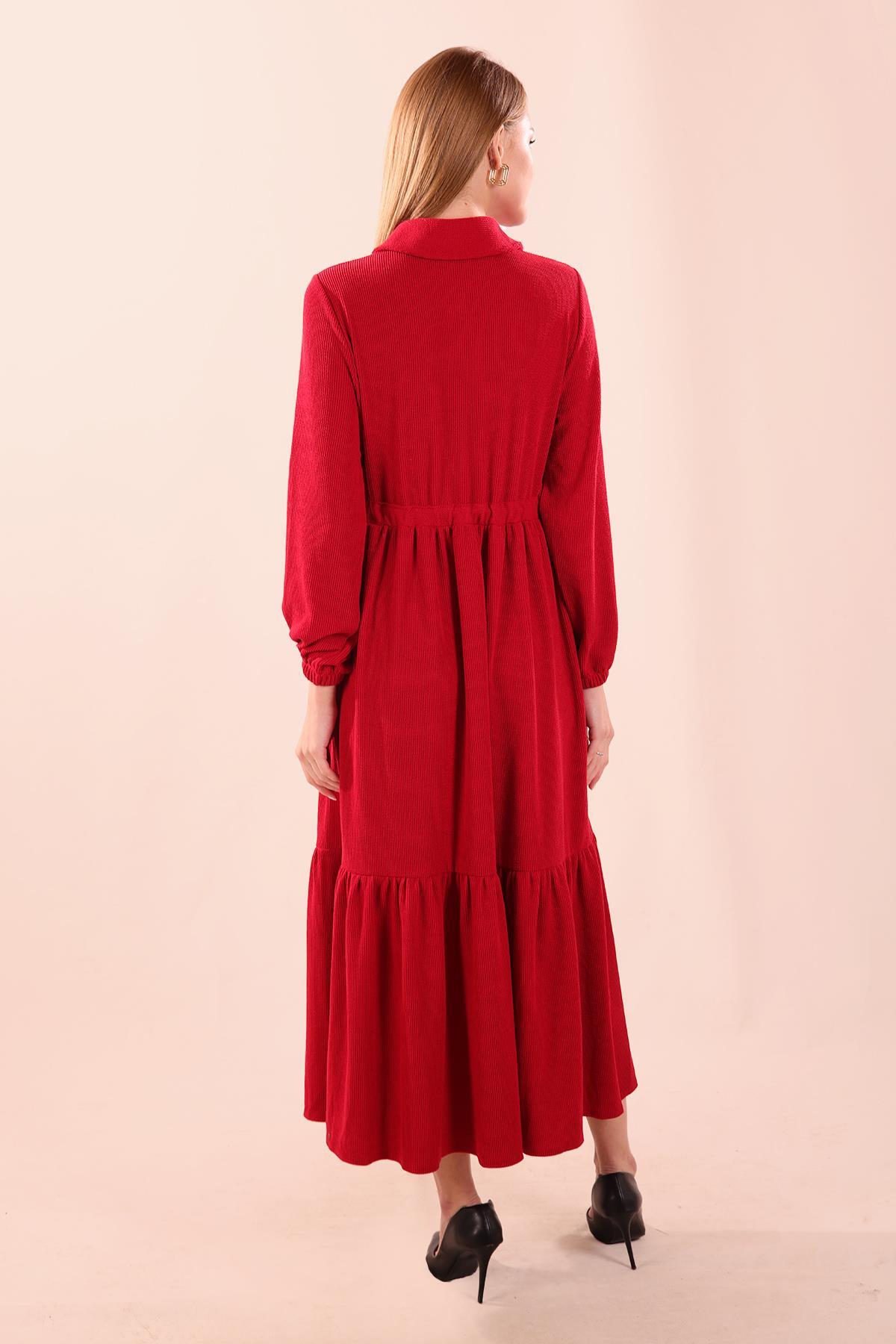 5464 Bel Bağlamalı Düğmeli Elbise Kırmızı - 5