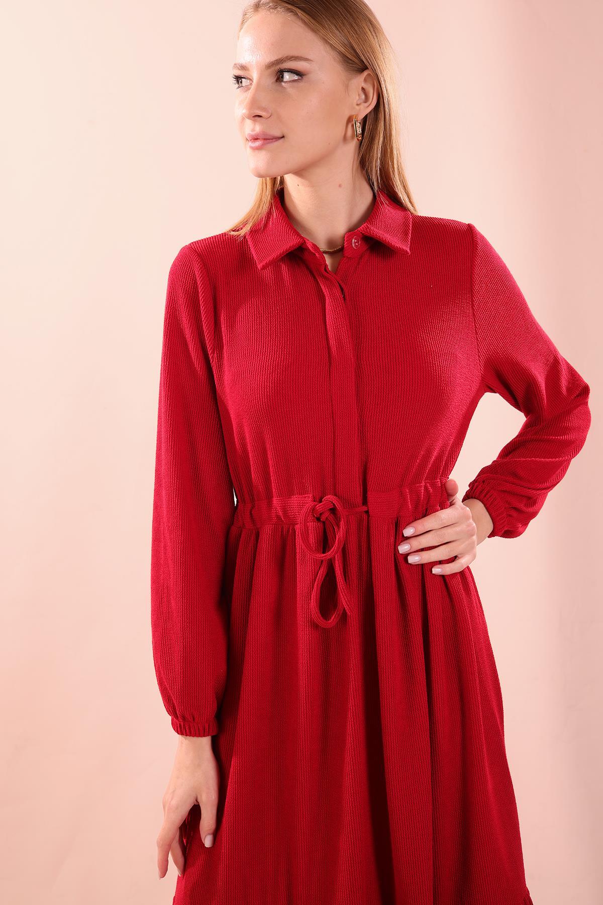 Kırmızı Bel Bağlamalı Düğmeli Elbise 5464 - 4