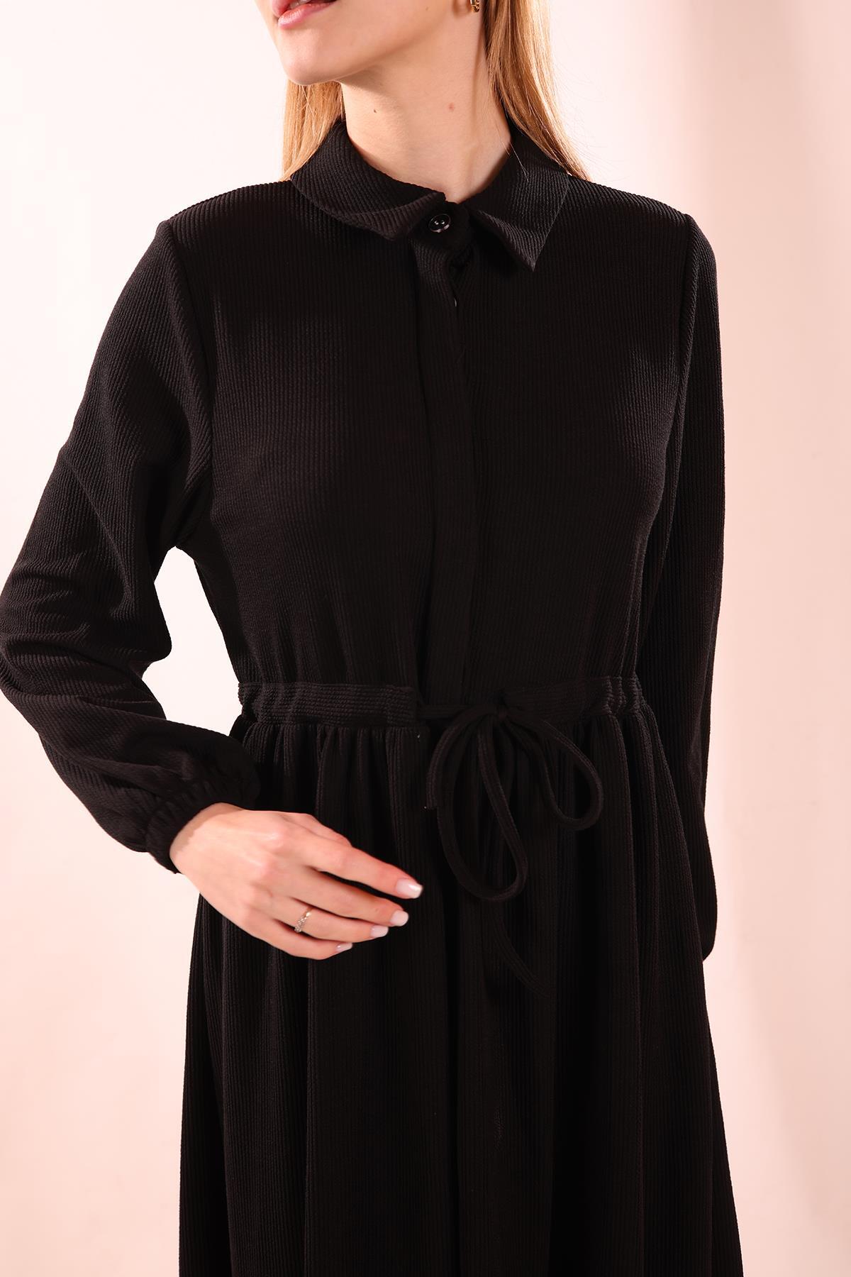 5464 Bel Bağlamalı Düğmeli Elbise Siyah - 4