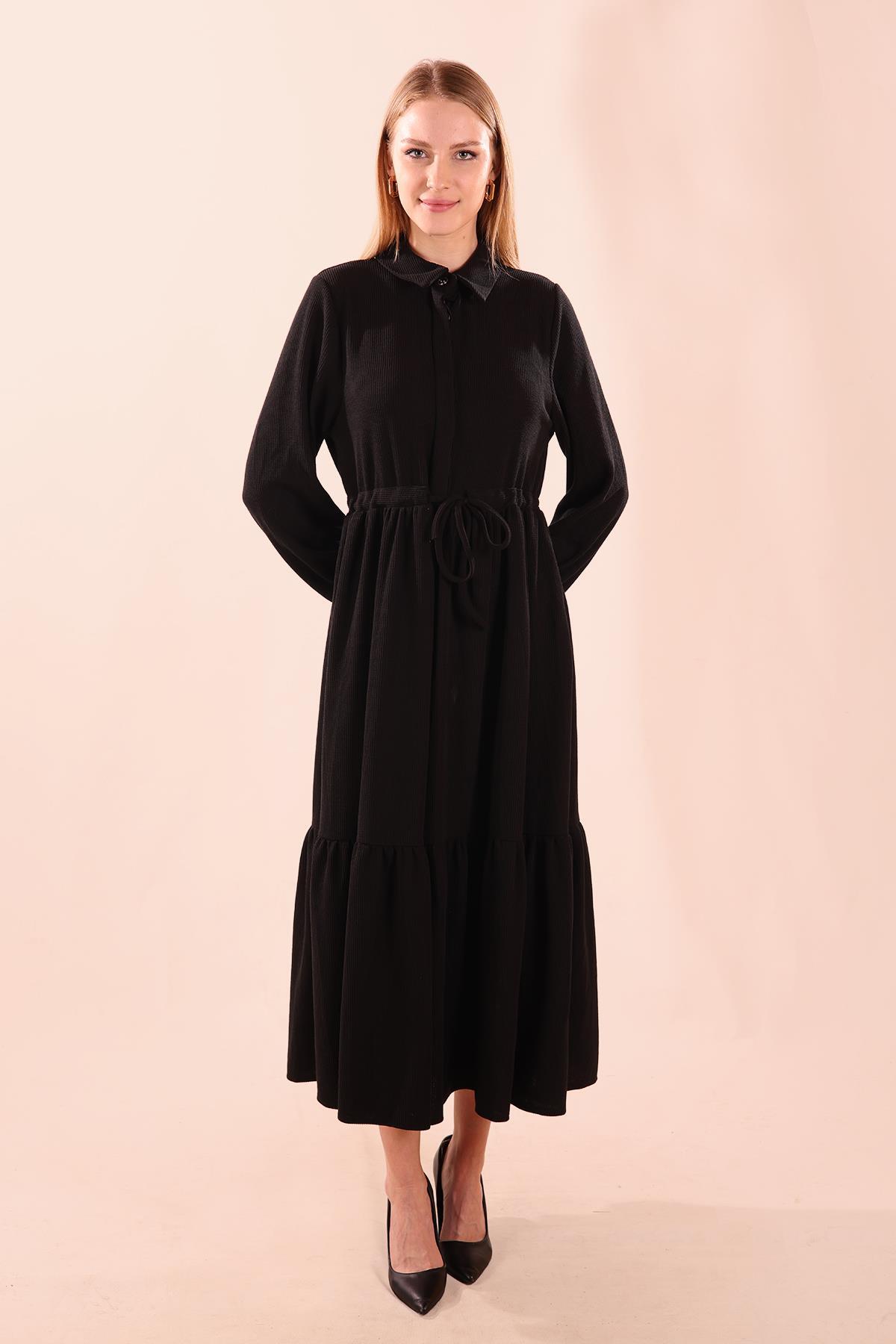 Siyah Bel Bağlamalı Düğmeli Elbise 5464 