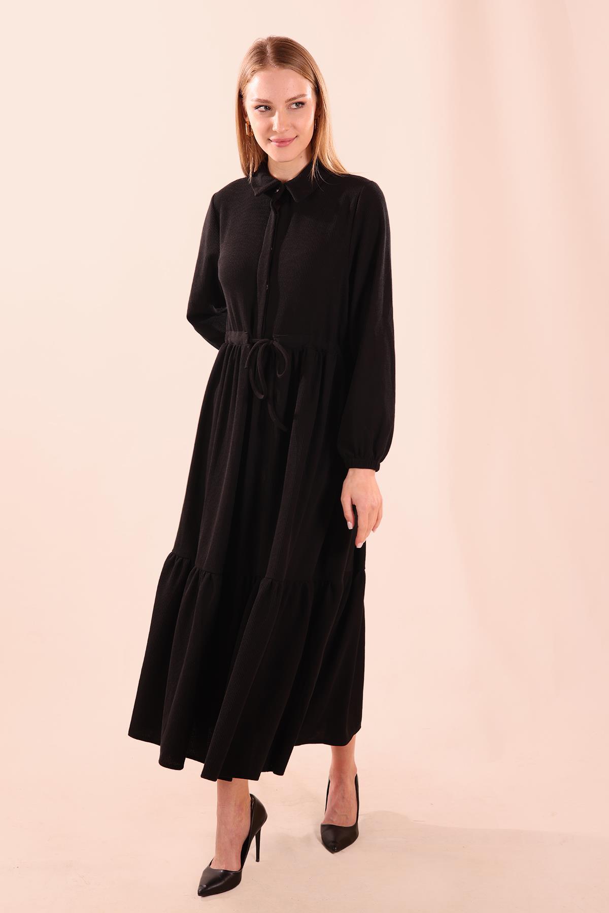 Siyah Bel Bağlamalı Düğmeli Elbise 5464 - 2