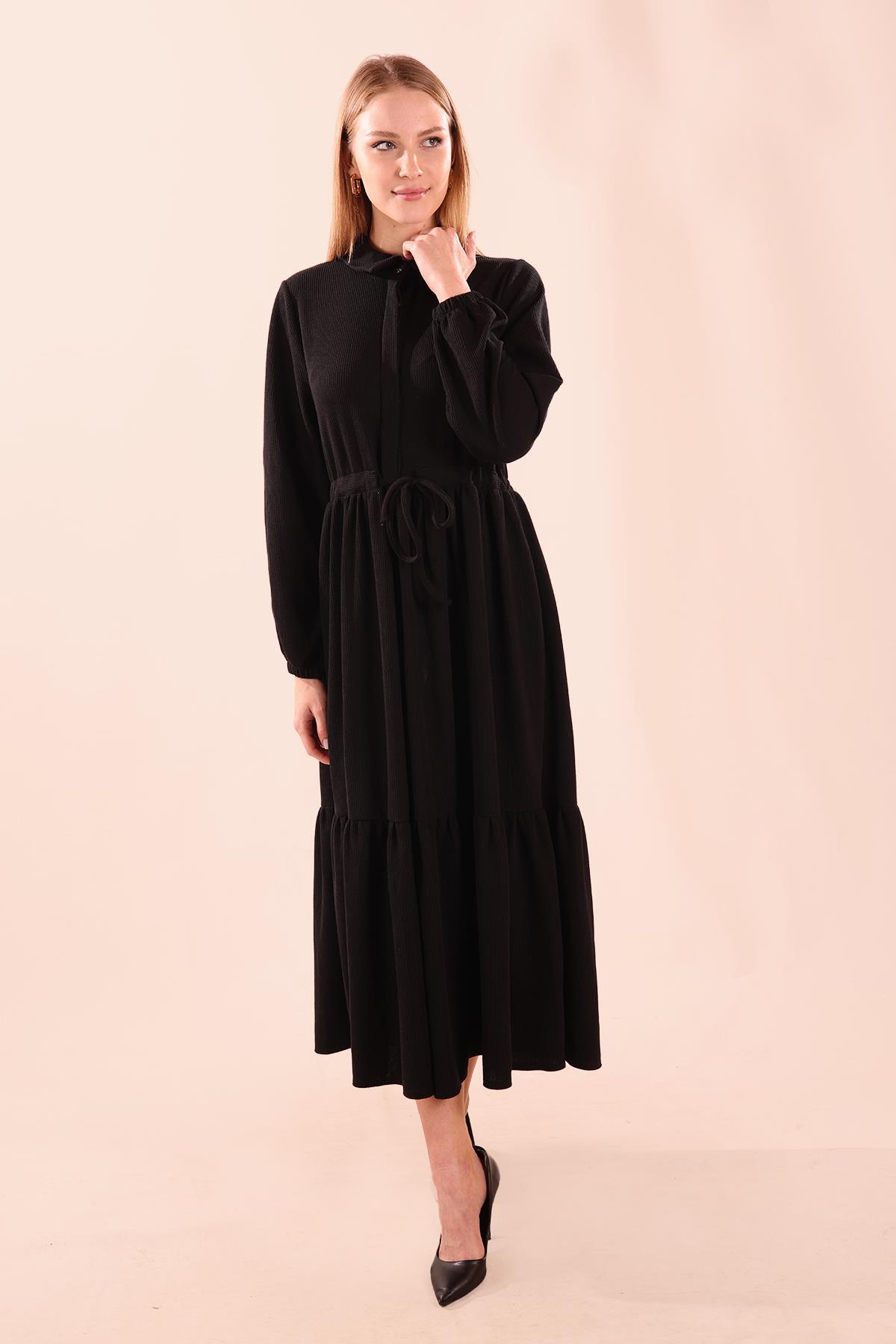 Siyah Bel Bağlamalı Düğmeli Elbise 5464 - 3