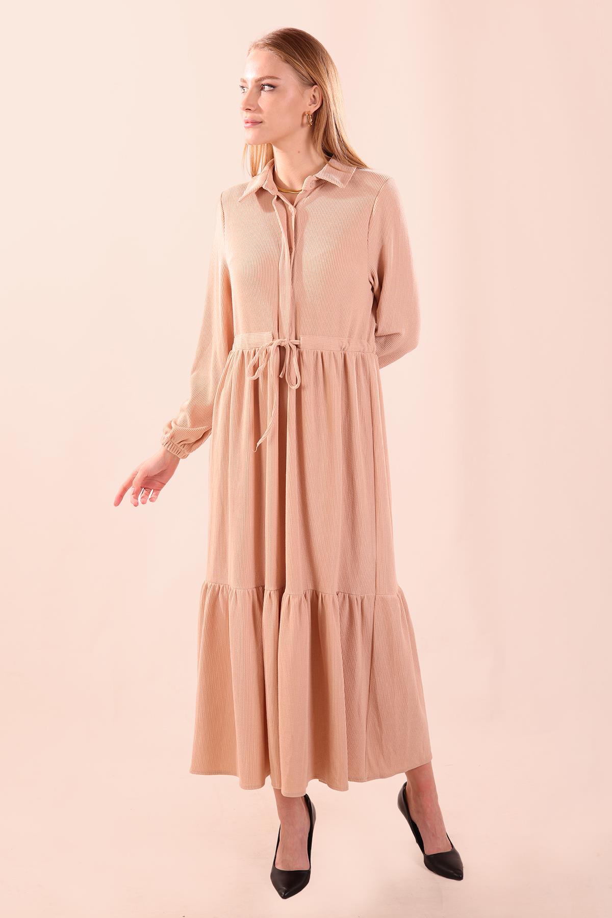 5464 Bel Bağlamalı Düğmeli Elbise Taş - 2