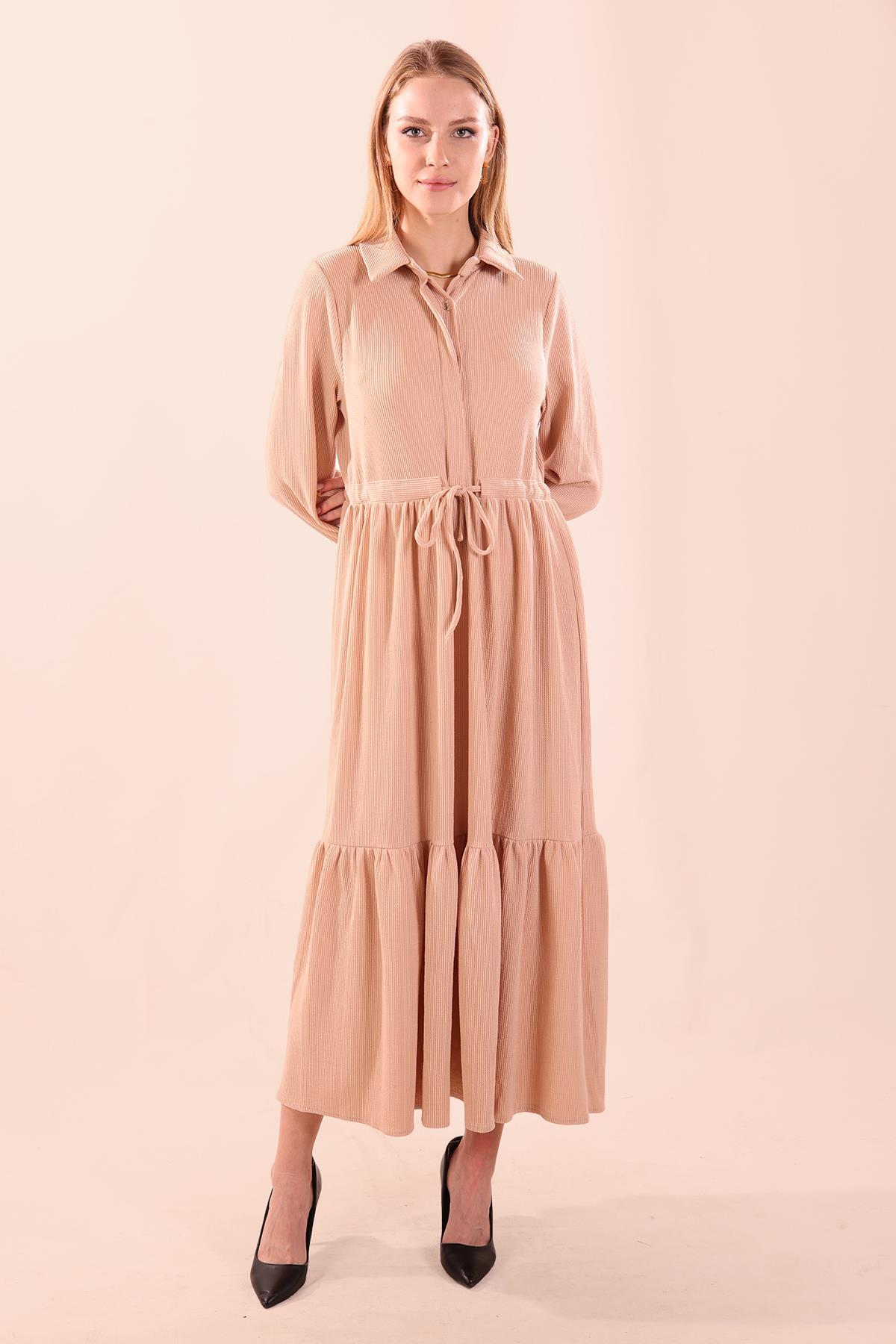 Taş Bel Bağlamalı Düğmeli Elbise 5464 - 1